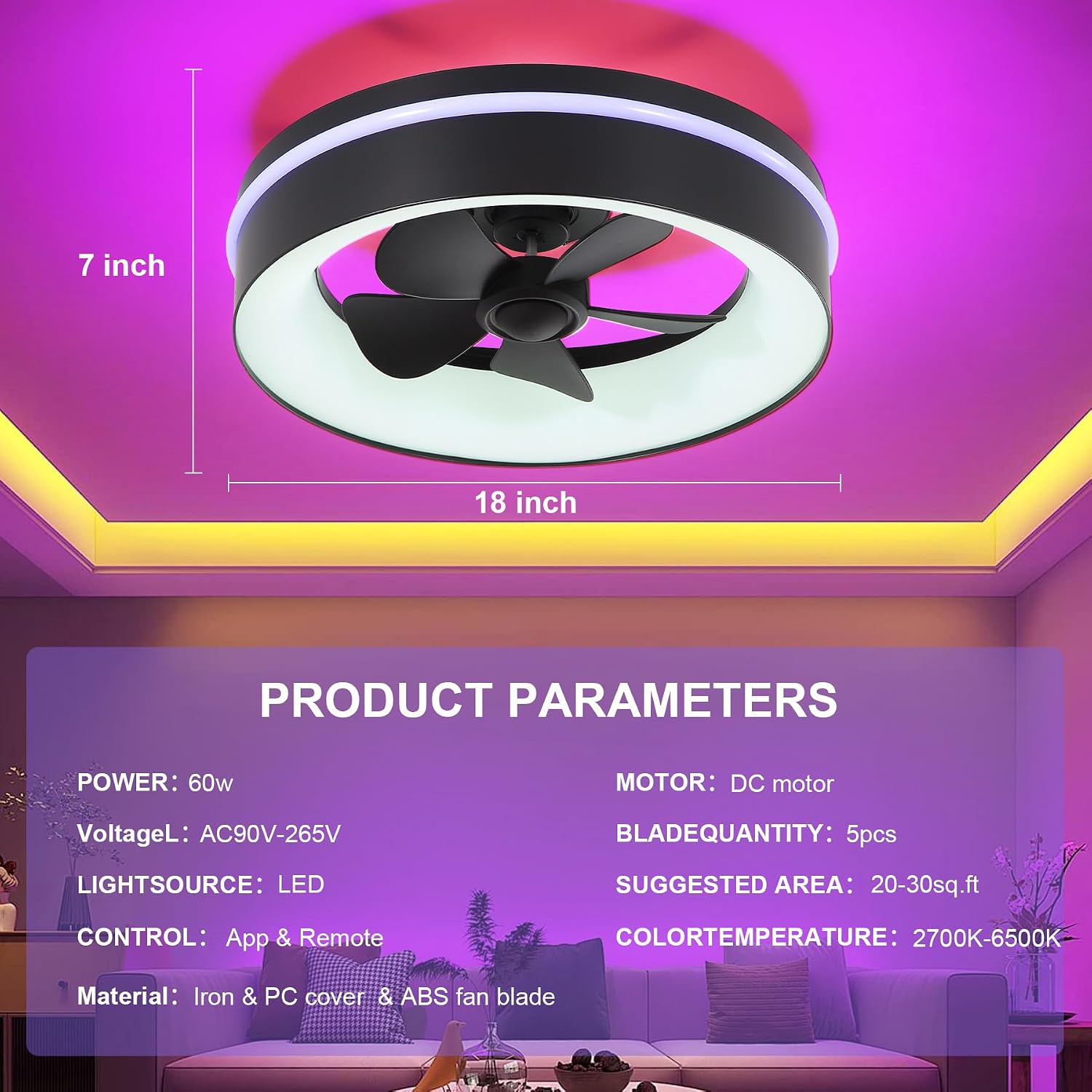 Smart Low Profle Ceiling Fans with RGB Lights Remote/APP Control, 18' Bladeless Ceiling Fans with 6 Speeds, Timer, Quiet DC Motor,for Gazabo,Game Room,Kids Bedroom,Living Room,Home Office