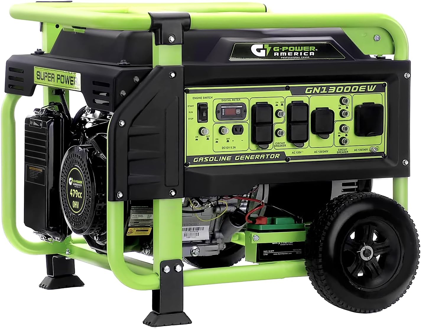 Green-Power America 13000W Portable Gas Generator, Electric/Recoil Easy Start, 12V 8.3A DC Charging Port, EPA Compliant, Heavy-Duty Power Supply for Home Blackout, RV Travel & Outdoor Construction