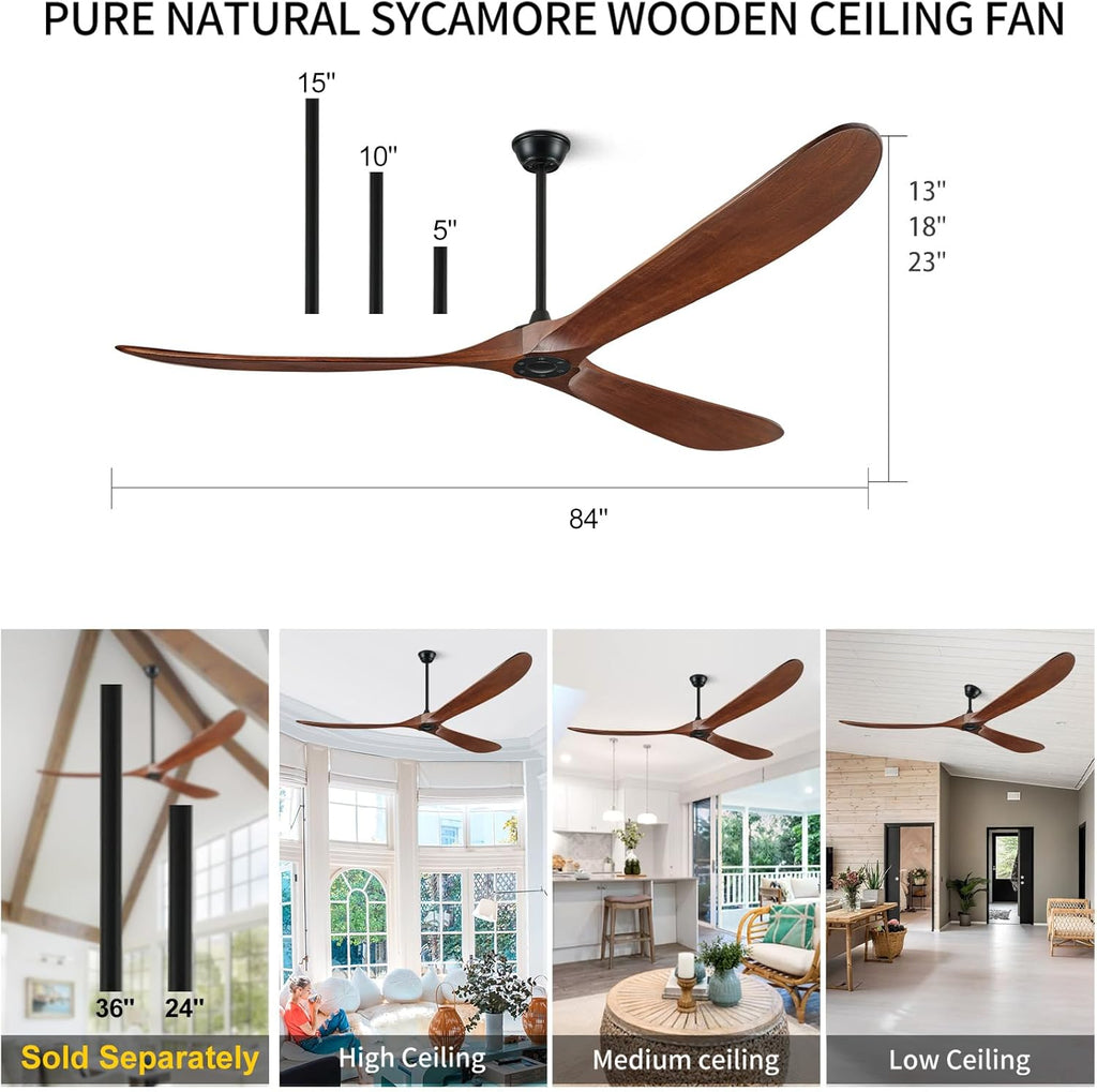 Ceiling Fans No Light, 84 Inch Extra Large Ceiling Fan with Remote, 3 Wood Blades DC Motor, High CFM,Propeller Outdoor Ceiling Fan for Patios Bedroom,Deep Walnut