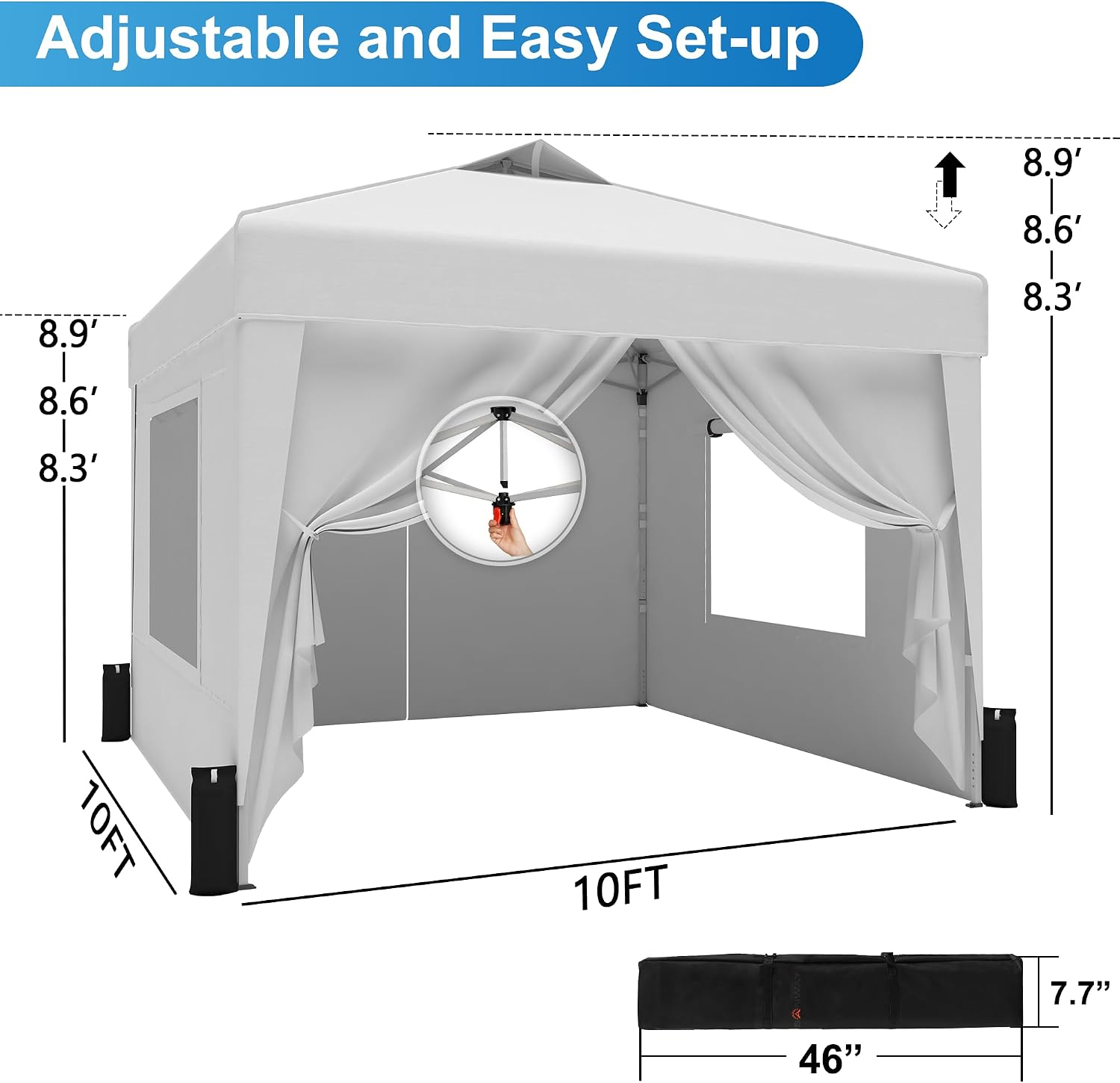 SANWAY 10x10 Pop Up Canopy Tent with Sidewalls x 4 – Easy Setup Canopy Tent, Waterproof, UV-Resistant, Portable with Carry Bag for Outdoor Events, Camping, and Backyard Parties – Silver White