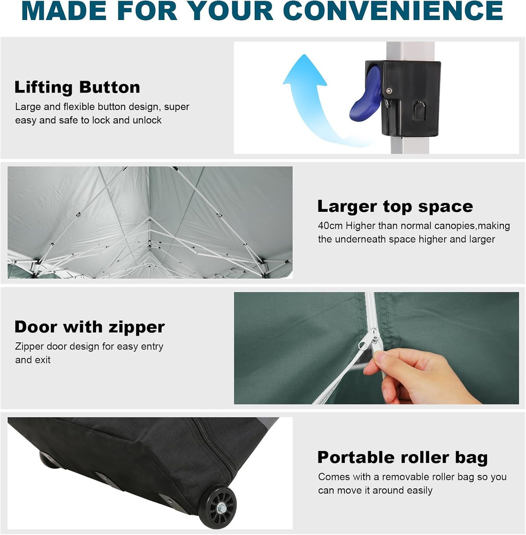 HOTEEL 10x30 Pop Up Canopy with 8 Sidewalls, Easy Setup Party Tent with Weight Bags, Wheeled Bag, Waterproof Event Shelter with Extra Roof Height for Backyard, Wedding (Green Gray)
