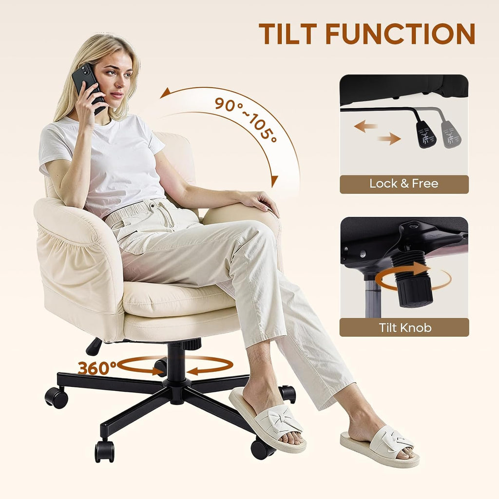 Bestier Criss Cross Chair with Flip-Up Armrests, Swivel Makeup Vanity Chair with Wheels & Side Pockets, Cross Legged Office Chair for Home Office, Bedroom, Beige Velvet