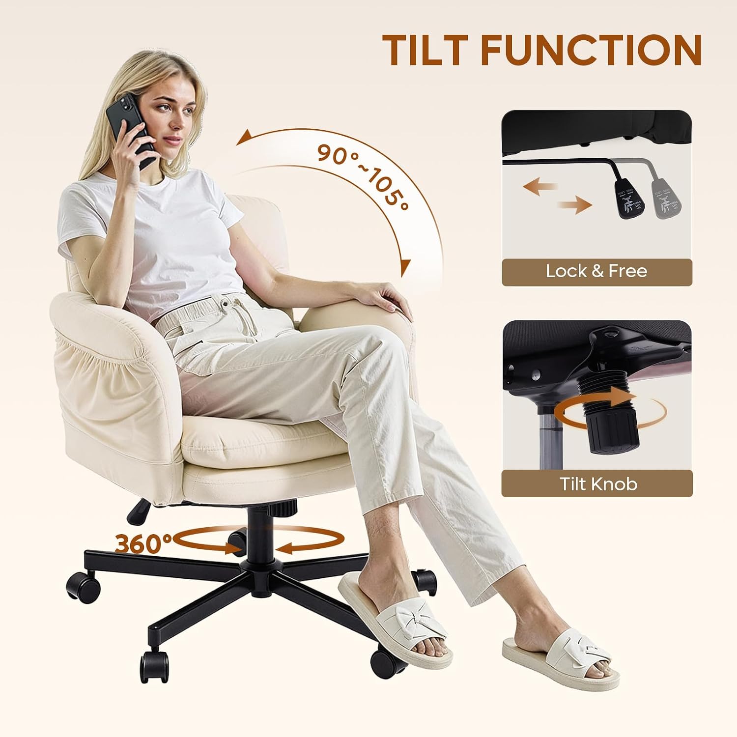 Bestier Criss Cross Chair with Flip-Up Armrests, Swivel Makeup Vanity Chair with Wheels & Side Pockets, Cross Legged Office Chair for Home Office, Bedroom, Beige Velvet
