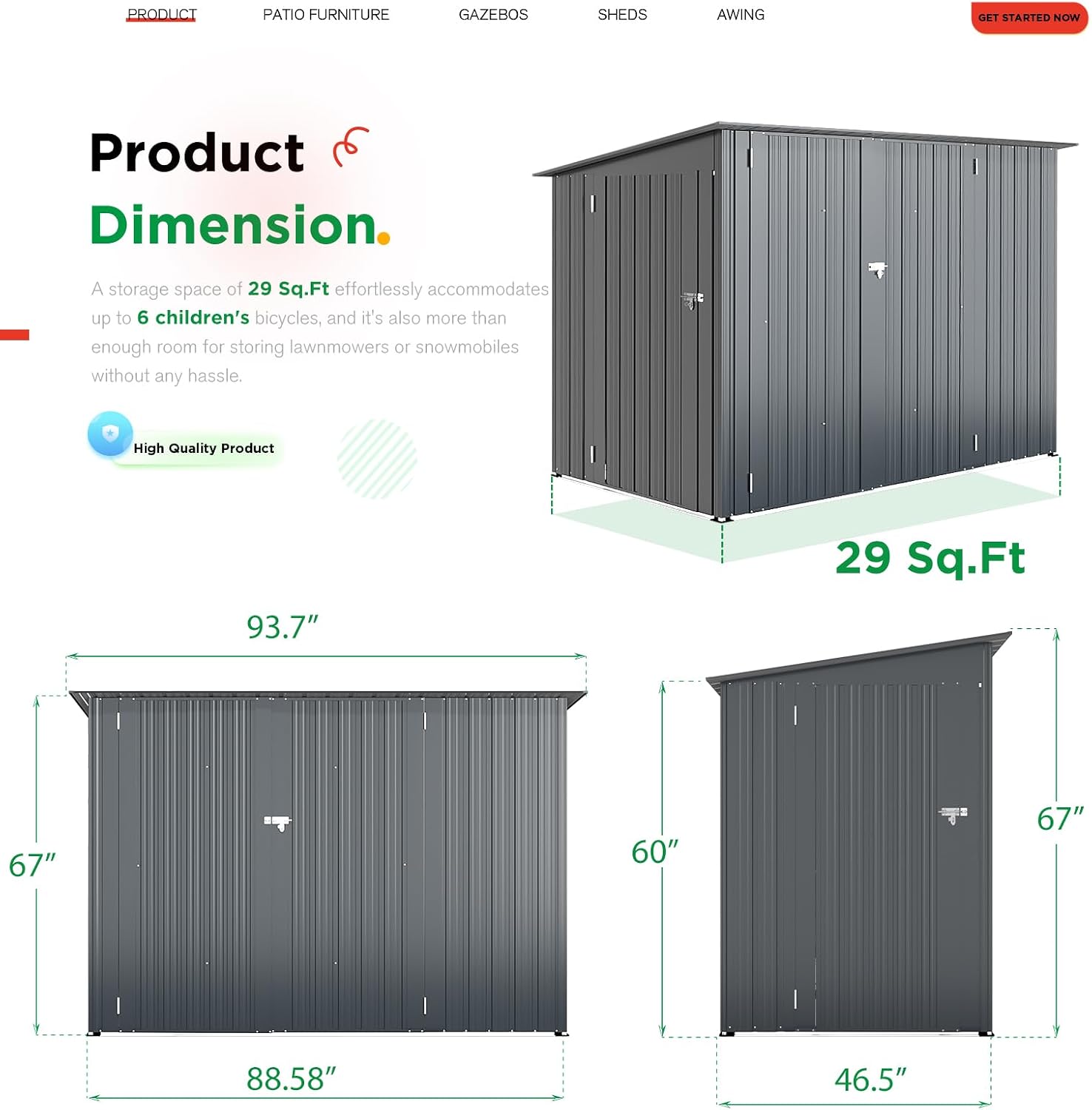AECOJOY 4'x7' Outdoor Storage Lean to Shed,7x4 Outdoor Horizontal Metal Sheds & Outdoor Storage with Triple Lockable Door, Small Metal Storage Cabinet for Bicycles, Tools Storage for Garden Use