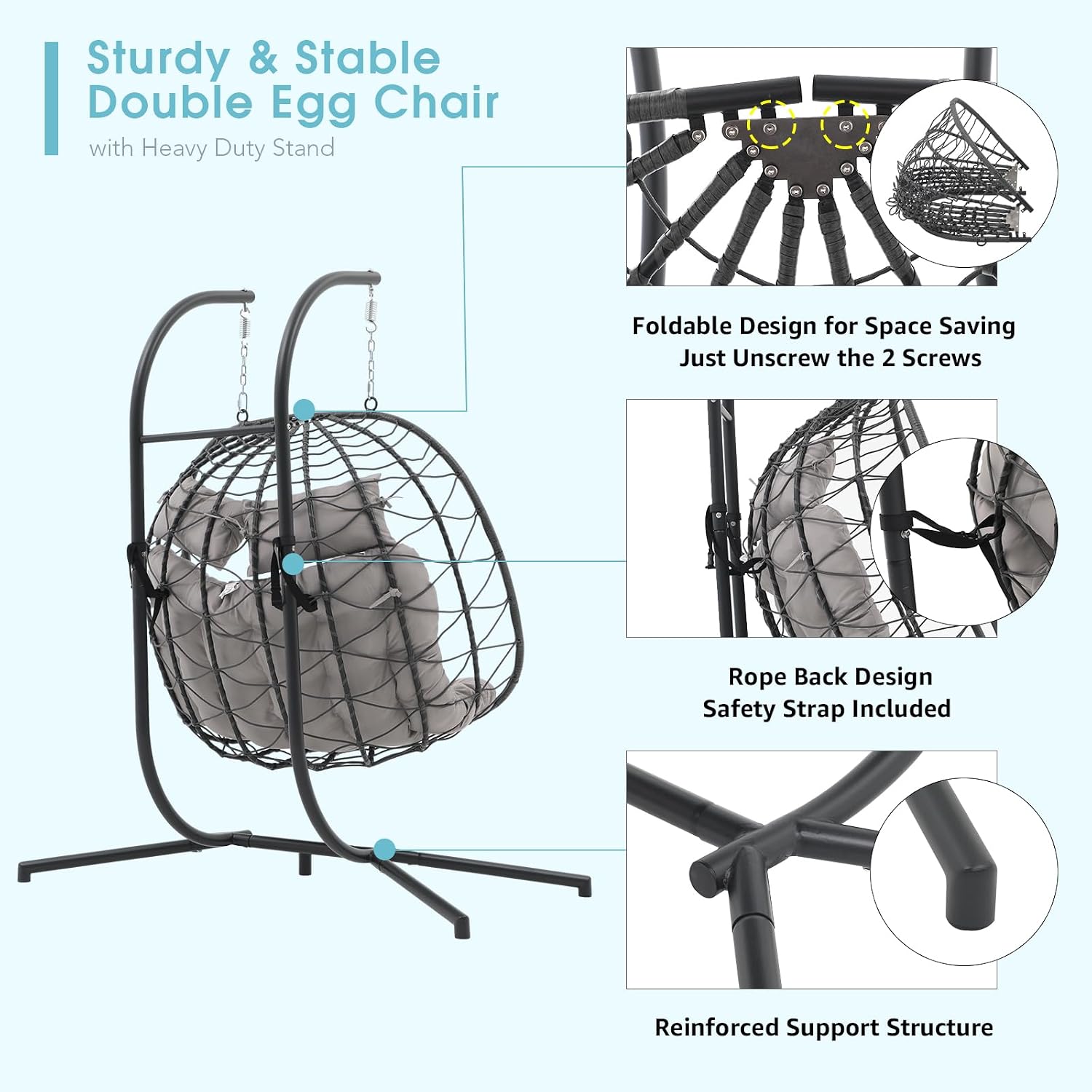 Patiorama 2 Person Double Egg Swing Chair with Stand Indoor Outdoor, Patio Wicker Rattan Hanging Egg Chair w/Cushion, Pillow, Foldable Hammock Chair 550lbs for Bedroom, Balcony, Garden (Light Grey)