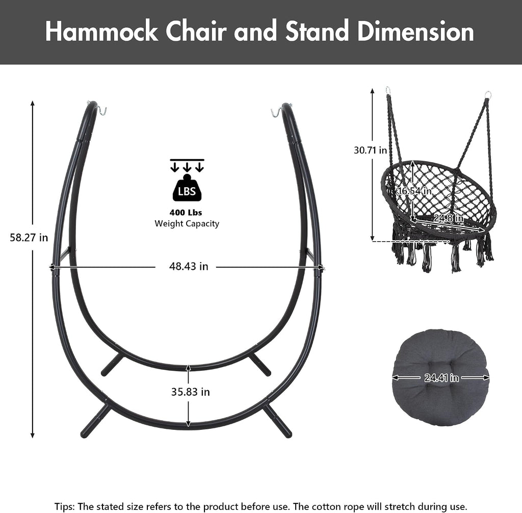 ANOW Hammock Swing with Stand Included, Outdoor Hanging Swing Chair with Stand and Removable Seat Cushion, Max 400 Lbs, Dark Grey