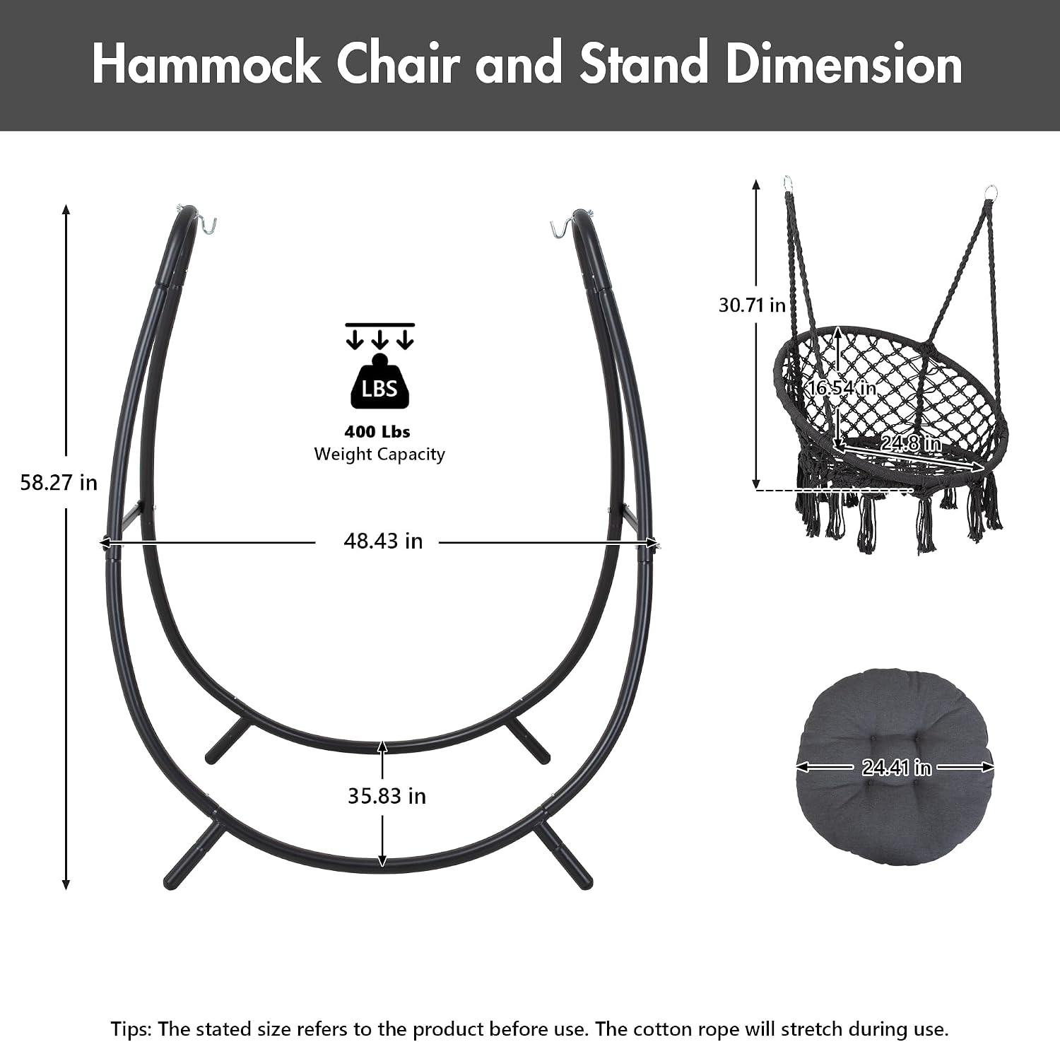 ANOW Hammock Swing with Stand Included, Outdoor Hanging Swing Chair with Stand and Removable Seat Cushion, Max 400 Lbs, Dark Grey