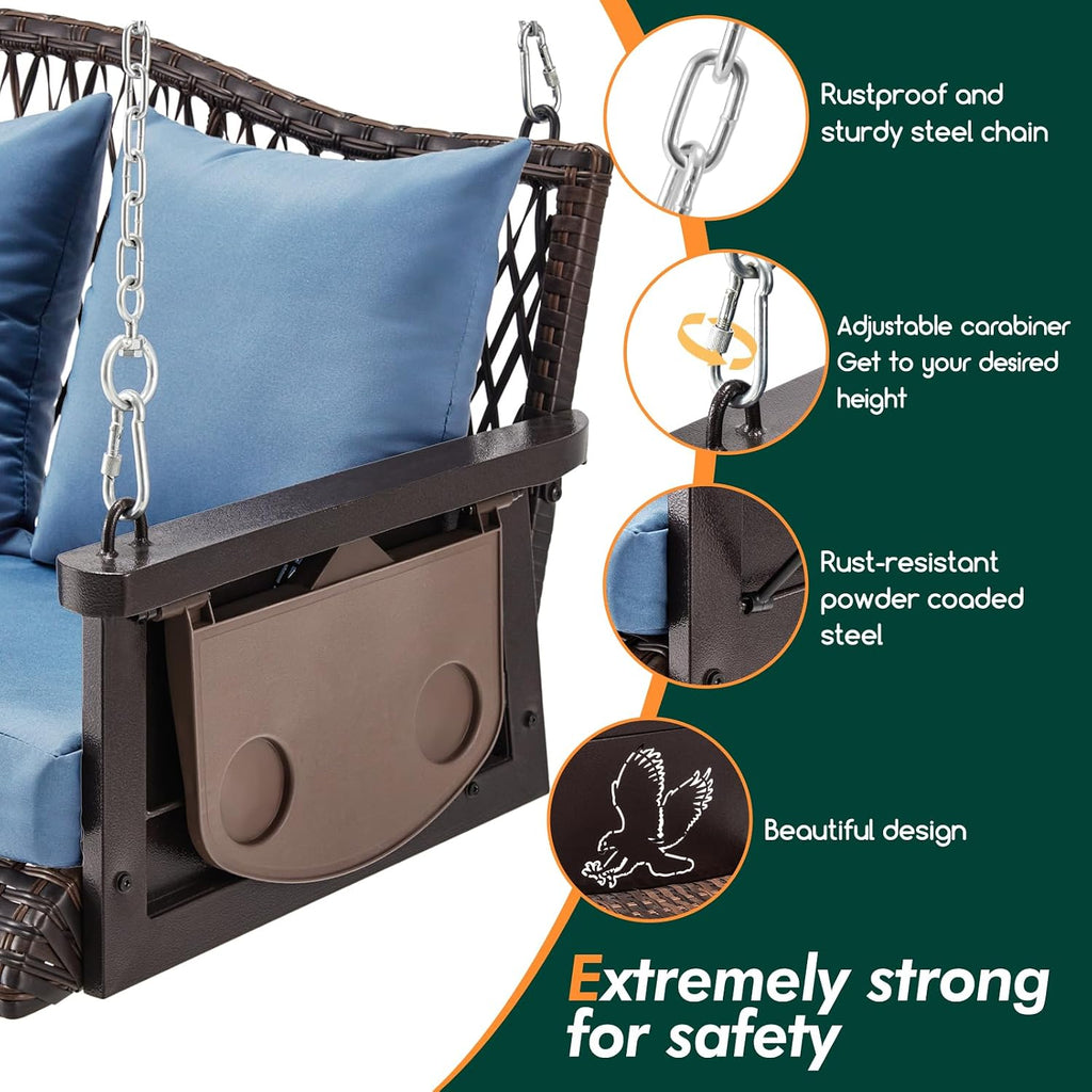 ZZW Upgraded Wicker Hanging Porch Swing Heavy Duty 900 LBS 3-Seat Outdoor Patio Swing Chair Bench for Adult w/ 8.9ft Hanging Chains Cushions and Cup Holder