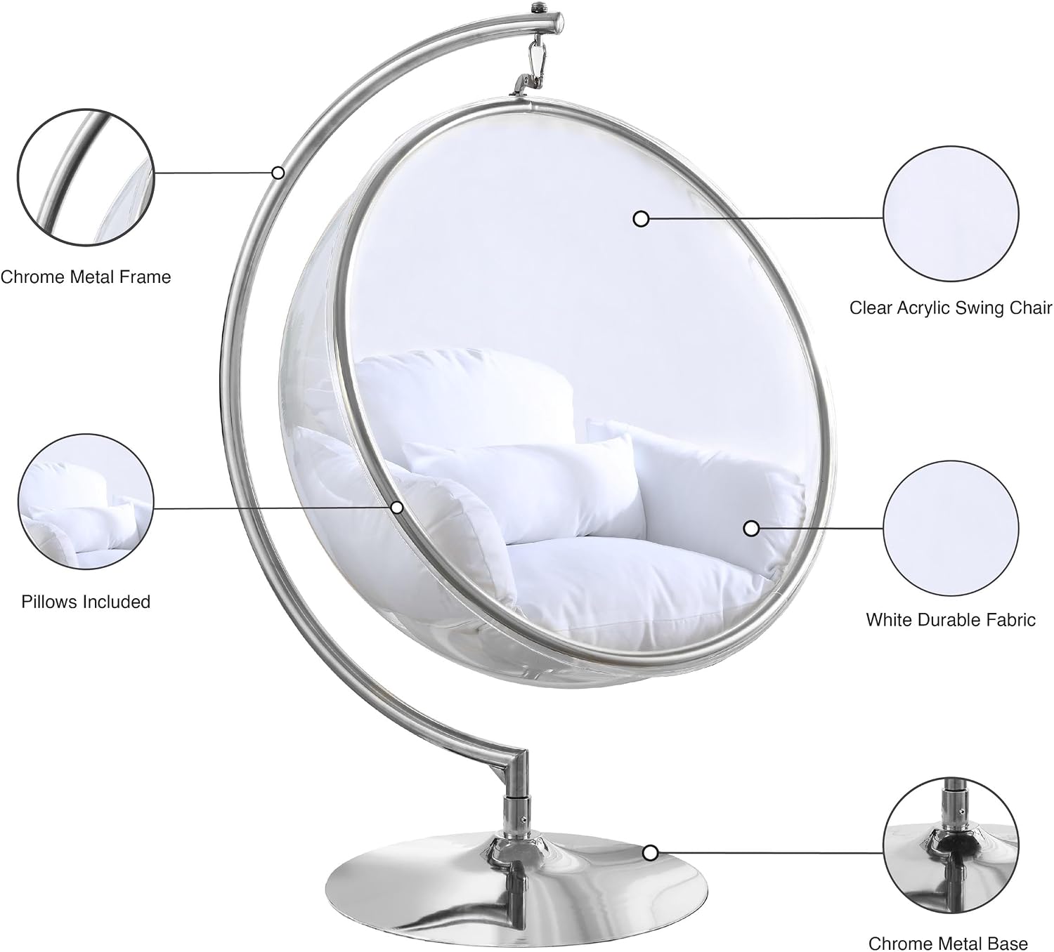 Meridian Furniture 507White Luna Collection Modern | Contemporary Clear Acrylic Accent Swing Chair with Durable Metal Base and Fabric Seat, White, Chrome Finish, 41.5' W x 29.5' D x 64' H