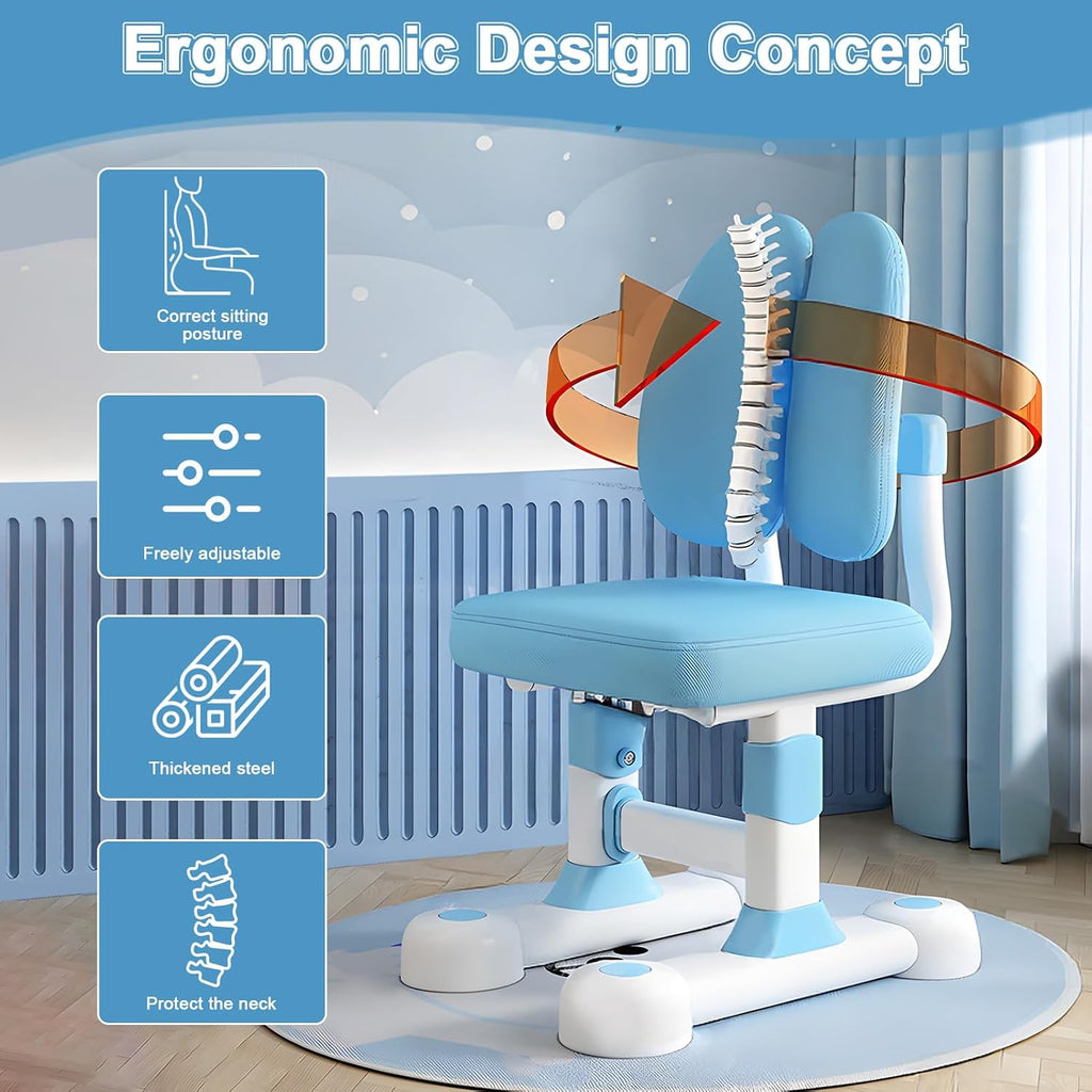 Kids Desk and Chair Set, Height Adjustable Kids Desk with Cartoon Pattern, Widened Tabletop, Tiltable Reading Stand, Back Support & Spine Protect, Prevent Myopia, for Boys & Girls 3+ (Blue1)