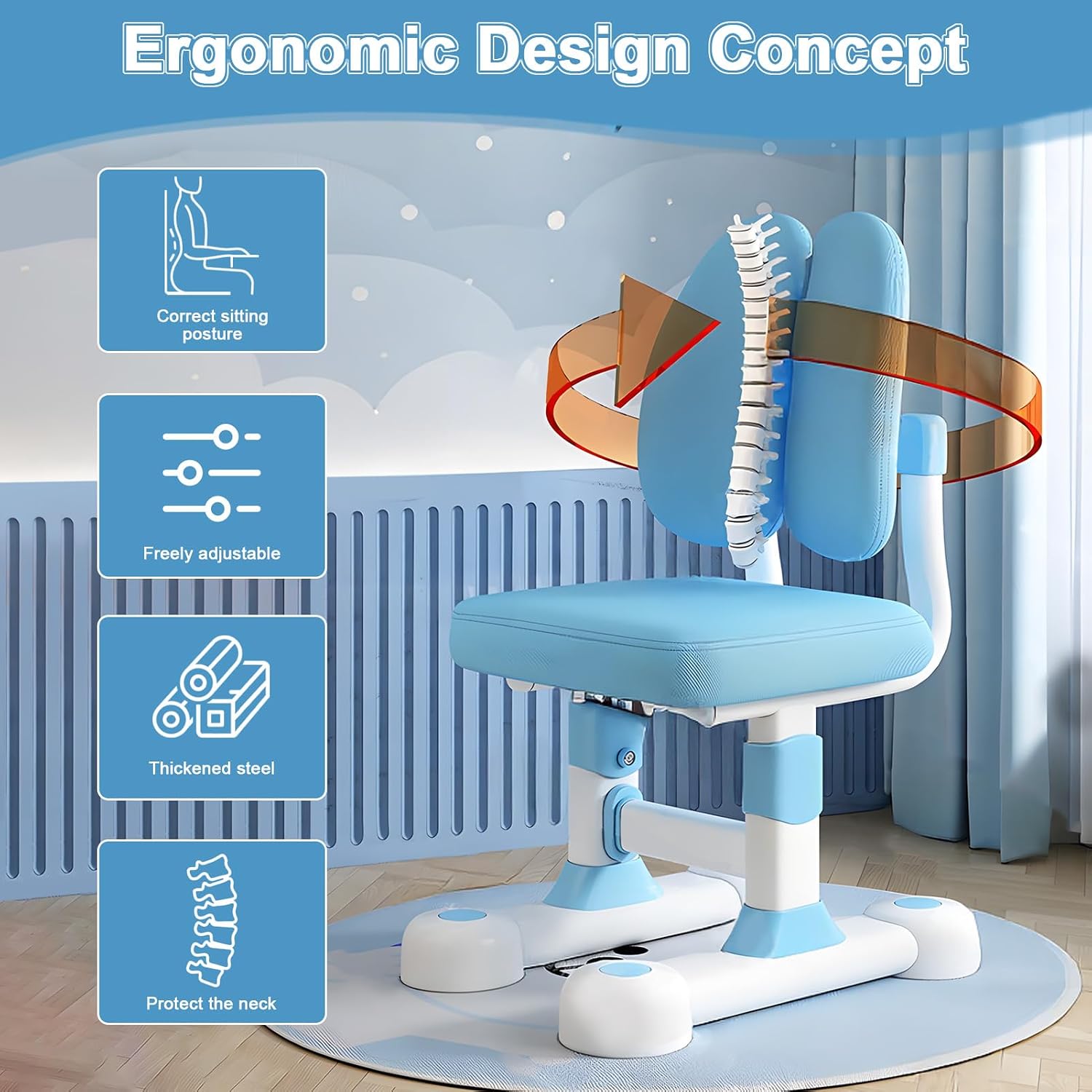 Kids Desk and Chair Set, Height Adjustable Kids Desk with Cartoon Pattern, Widened Tabletop, Tiltable Reading Stand, Back Support & Spine Protect, Prevent Myopia, for Boys & Girls 3+ (Blue1)