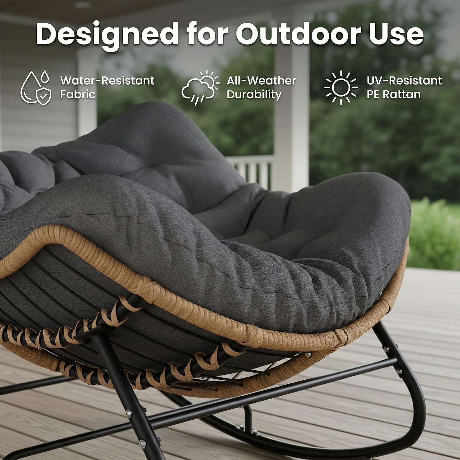 SWITTE Outdoor Rocking Chair, Oversized Patio Papasan Rocker, Comfy Wicker Reading Lounge, Indoor Bed-Like Egg Chair for Bedroom,Balcony, Porch, Garden, Dark Grey