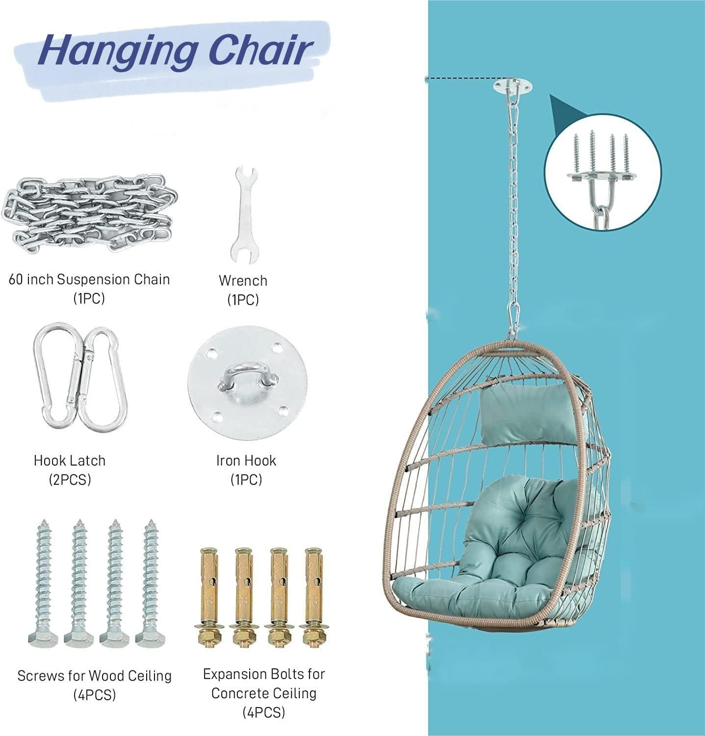 Outdoor Garden Rattan Egg Swing Chair,Foldable Wicker Egg Hanging Chair for Bedroom,Living Room,Deck,Supprt Up to 360 lbs (Khaki)