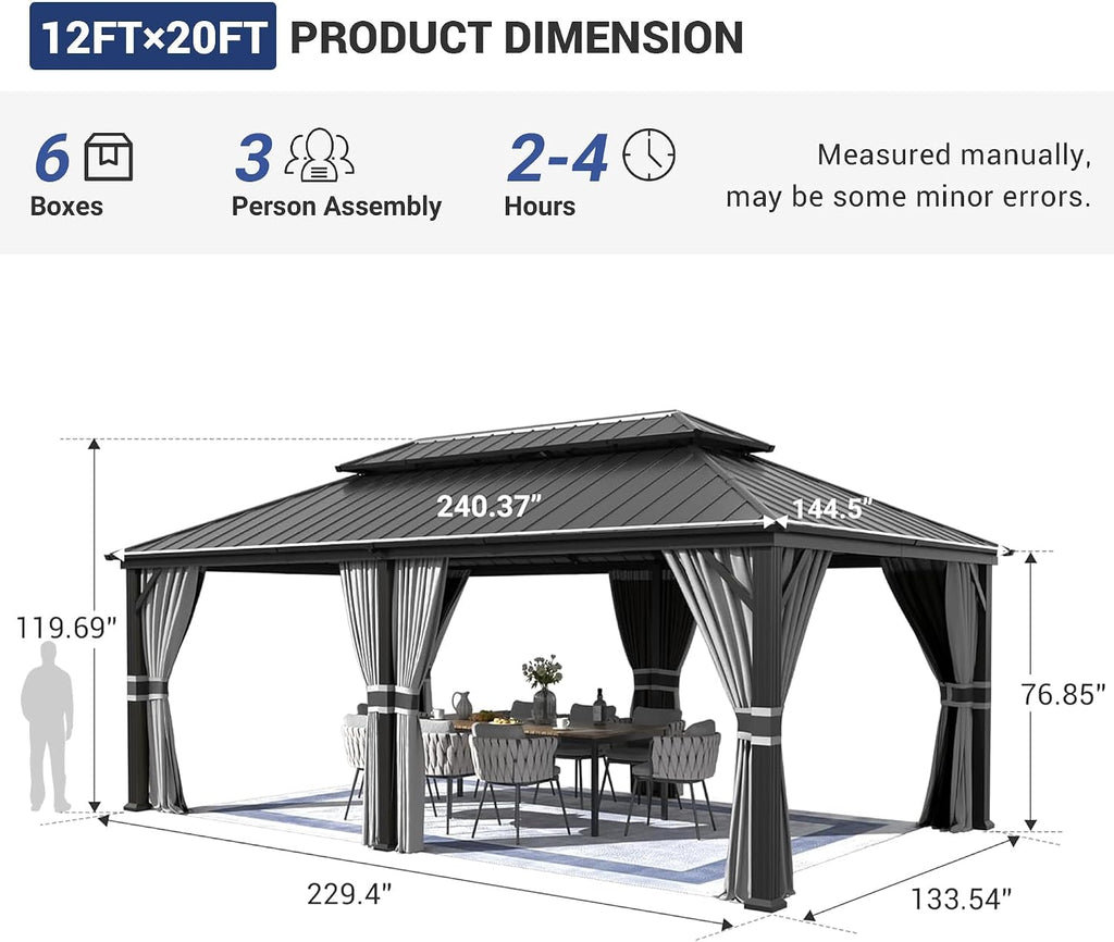 Amopatio 12' X 20' Permanent Hardtop Gazebo Aluminum Gazebo with Double Galvanized Steel Roof, Curtains and Netting Included,Outdoor Permanent Metal Pergola