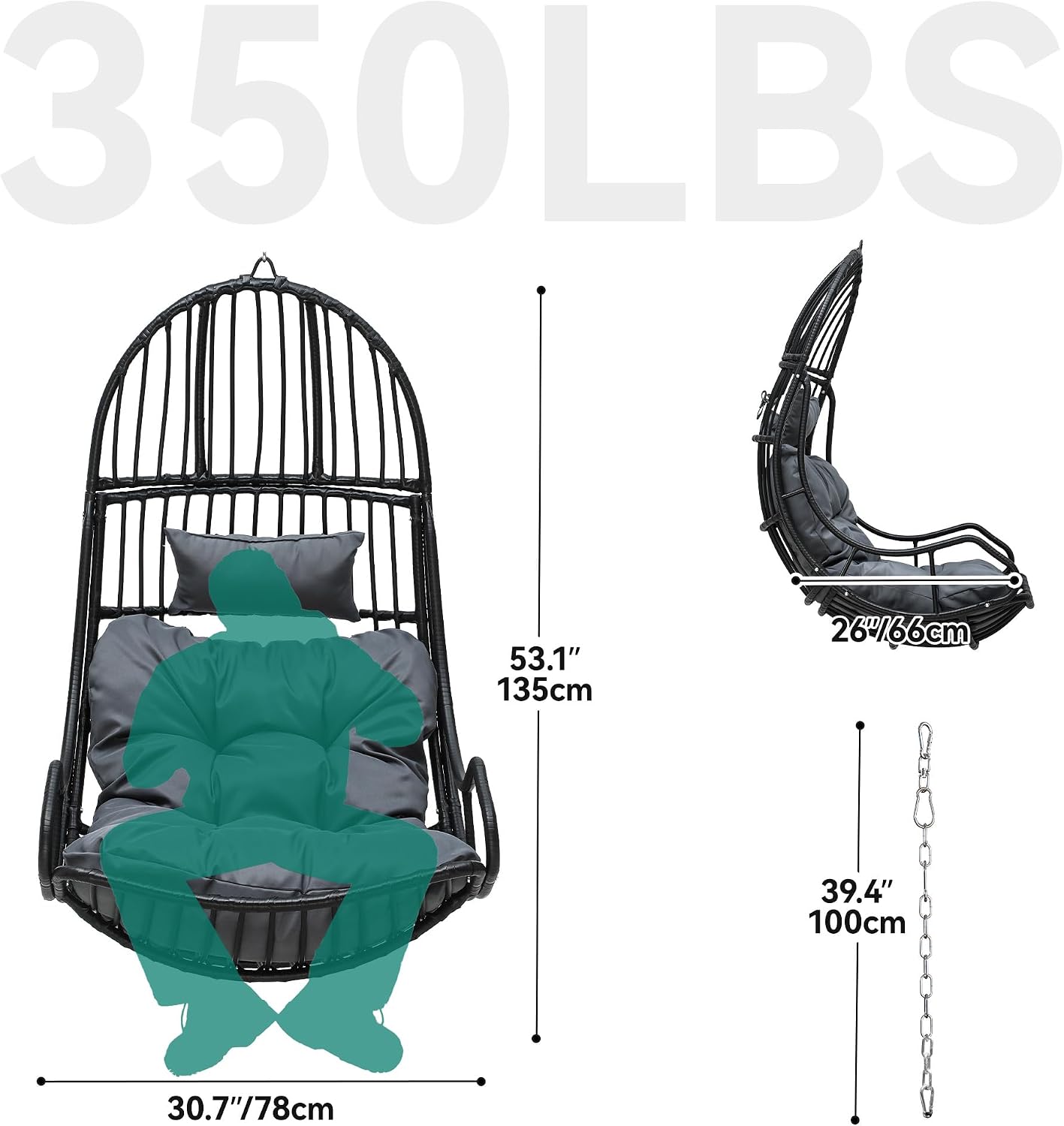 YITAHOME Hanging Egg Chair Swing Egg Chair Wicker Indoor Outdoor Hammock Egg Chair with Cushions 330lbs for Patio, Bedroom, Garden and Balcony, Gray (Stand not Included)