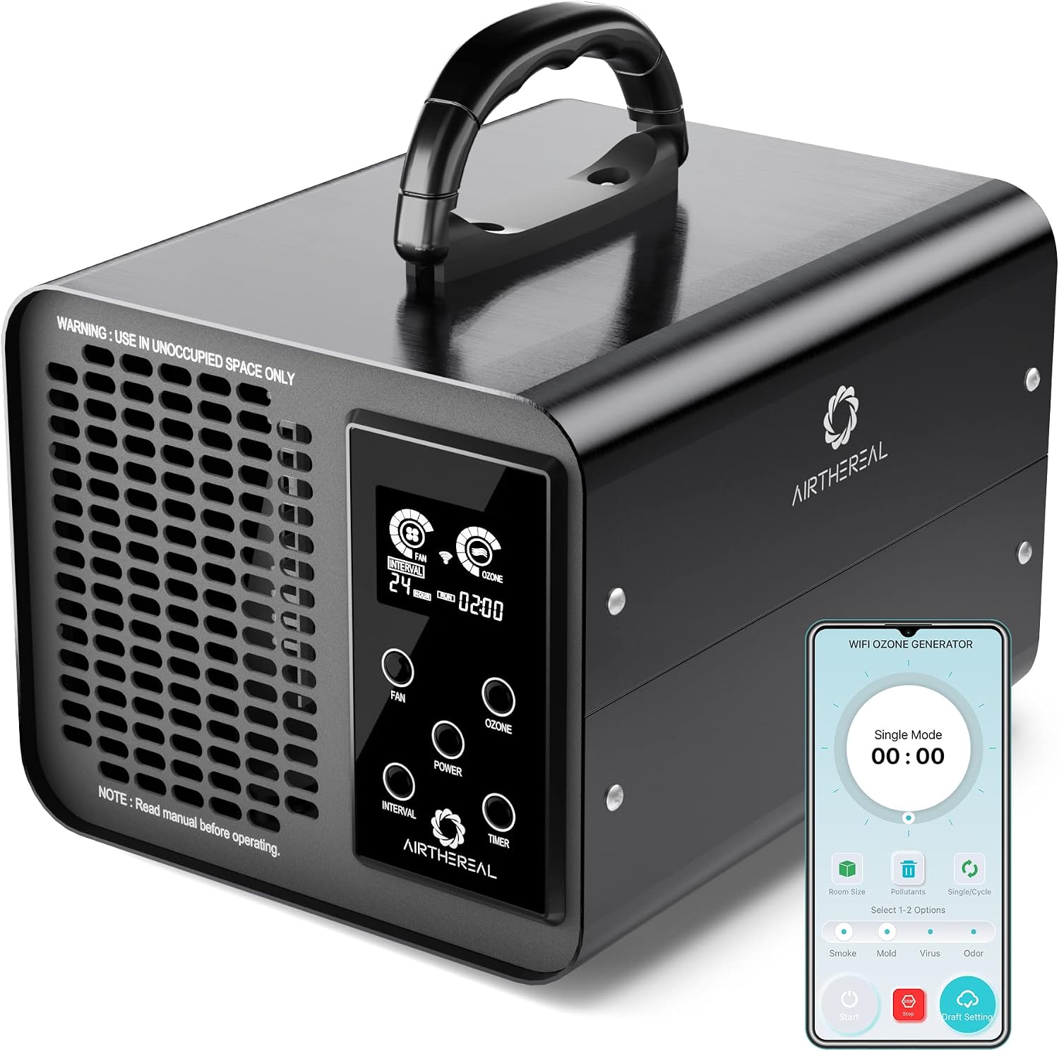 Airthereal MA10K-PRO SMART WiFi Ozone Generator - High Ozone Output Capacity Ozonator- Odor Remover, Deodorizer, Sterilizer - Adjustable Output and Timer Settings for Any Size Room - Black