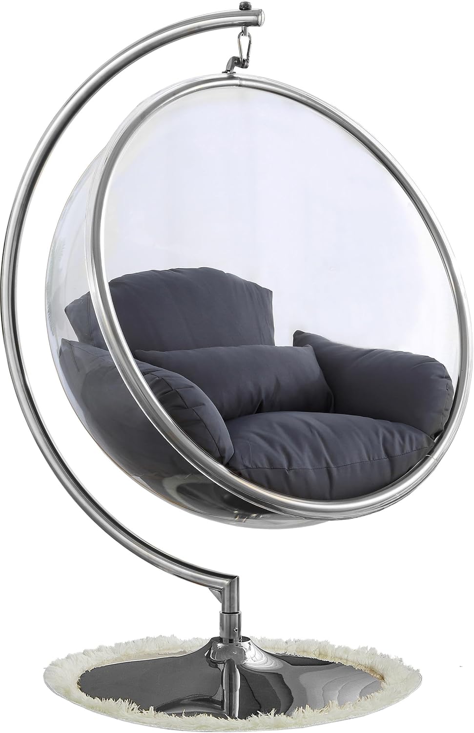Meridian Furniture 507Grey Luna Collection Modern | Contemporary Clear Acrylic Accent Swing Chair with Durable Metal Base and Fabric Seat, Grey, Chrome Finish, 41.5' W x 29.5' D x 64' H