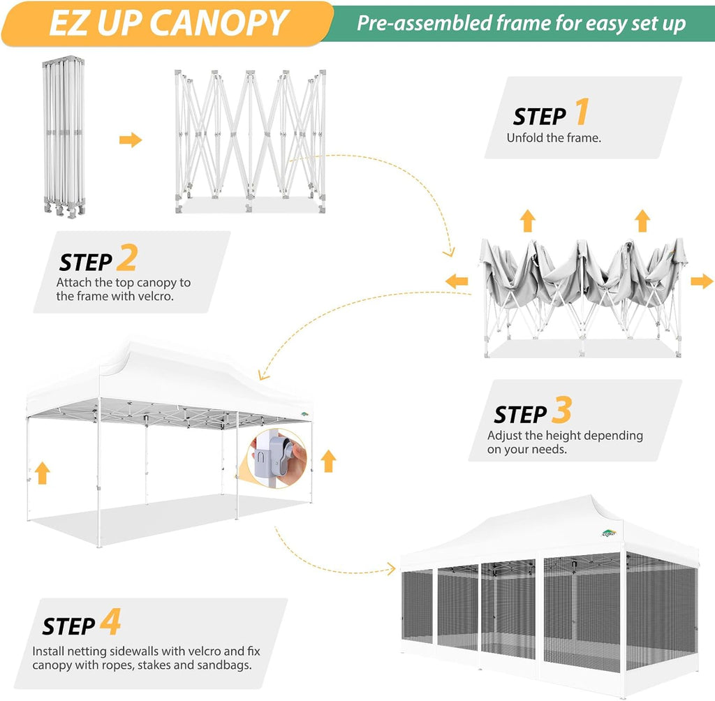 COBIZI 10x20 Canopy Tent with 6 Sidewalls,Heavy Duty Pop up Canopy with Mosquito Netting,Easy up Screen Tent for Parties Wedding Outdoor Patio with Roller Bag,White