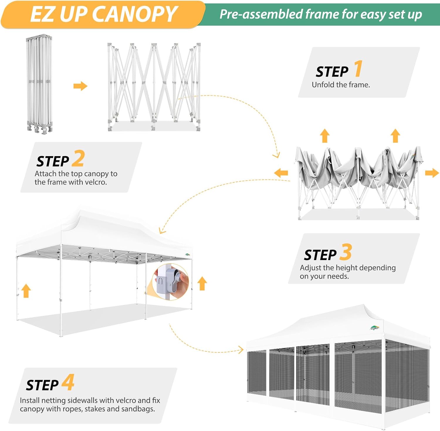 COBIZI 10x20 Canopy Tent with 6 Sidewalls,Heavy Duty Pop up Canopy with Mosquito Netting,Easy up Screen Tent for Parties Wedding Outdoor Patio with Roller Bag,White