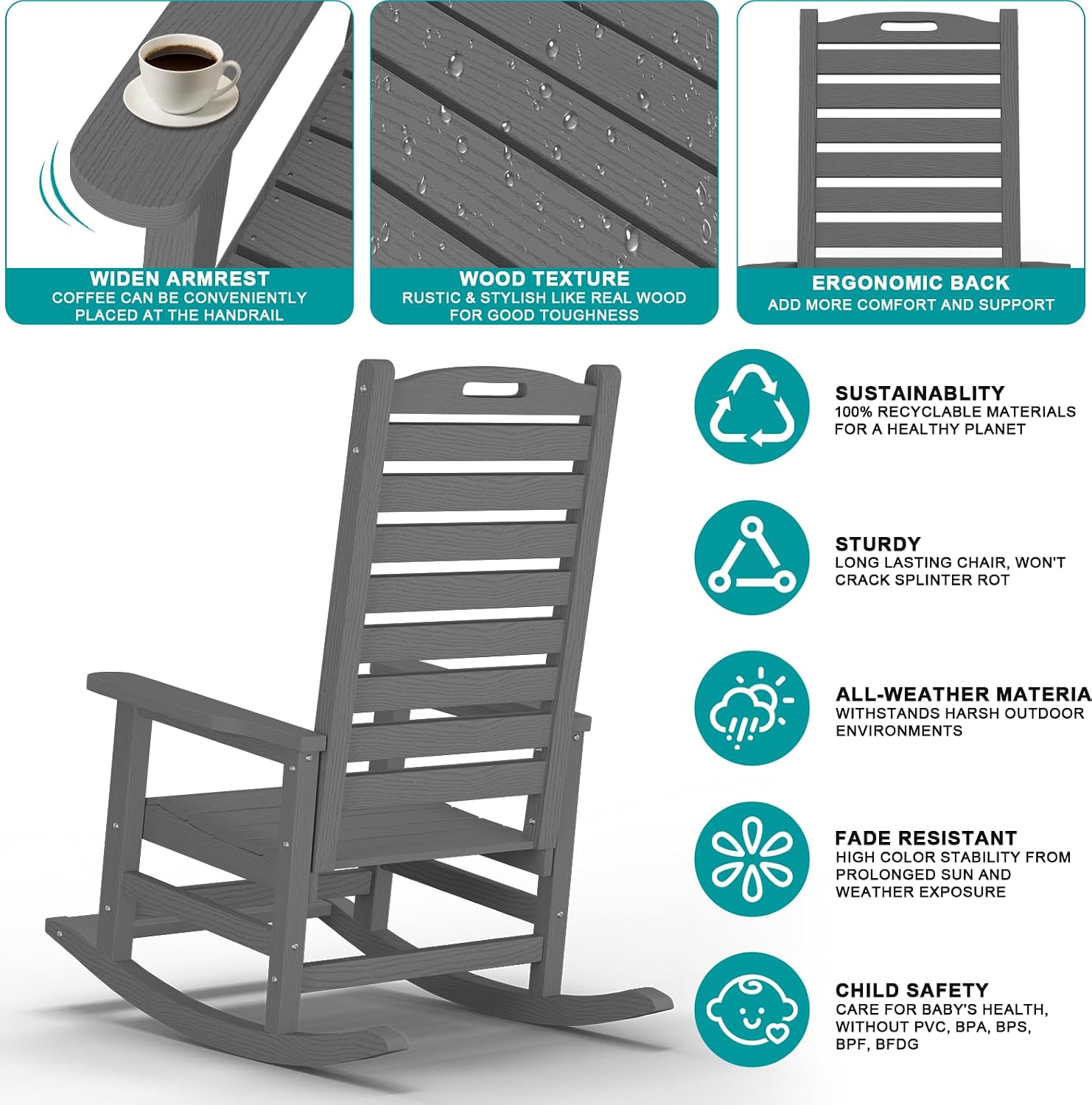 PLUUV Outdoor Rocking Chair Set of 2 with Removable Footboard for Adults, HDPE High Back Patio Rocking Chairs, 330lbs All Weather Porch Rocking Chairs for Outdoor & Indoor -Grey