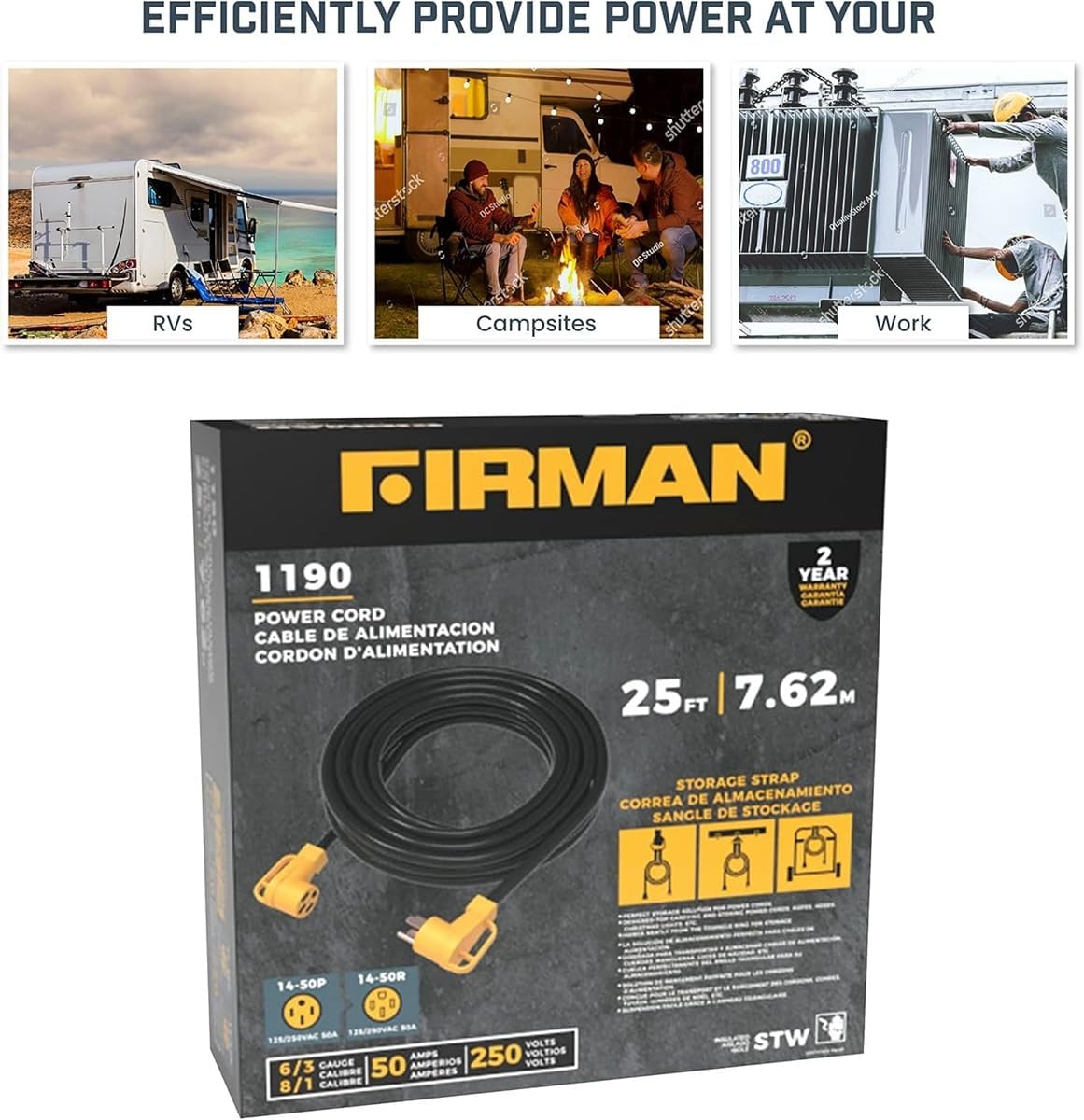 Firman 1190 Heavy Duty 14-50P to 14-50R 25' Extension Power Cord – 50 Amp, RV, Generator & Outdoor Use, Weatherproof, 90-Degree Plug, Durable Power Cable for RVs, Generators, and Heavy-Duty Needs