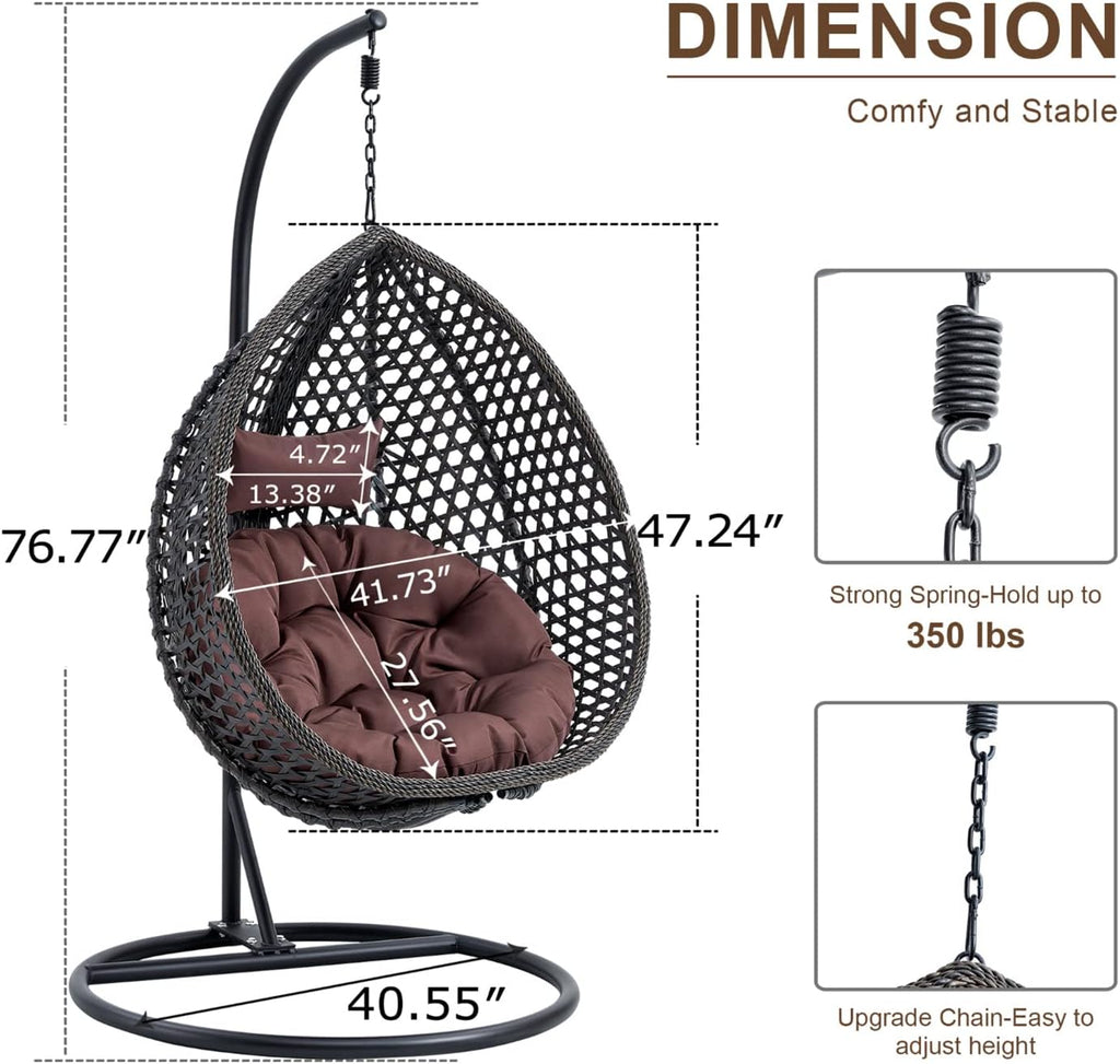 LKTART Egg Swing Chair with Stand Rattan Hanging Egg Chair with Cushions and Pillow Relaxing Chair Foldable Basket & Metal Stand Indoors or Outside 2-Black