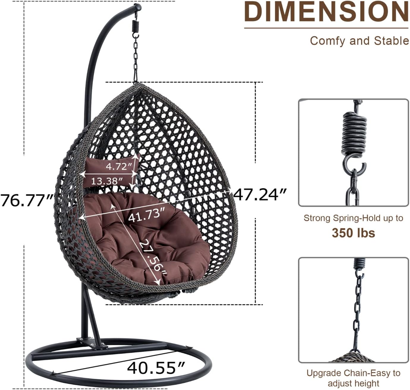 LKTART Egg Swing Chair with Stand Rattan Hanging Egg Chair with Cushions and Pillow Relaxing Chair Foldable Basket & Metal Stand Indoors or Outside 2-Black