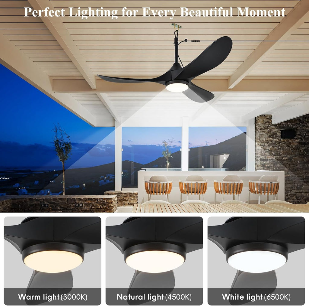 Outdoor Ceiling Fan with Light Waterproof - Plug in Hanging Hook for Patio, Porch, Gazebo - 42 inch Wet Rated Weatherproof Exterior Black 3 Blades Ceiling Fan with Remote
