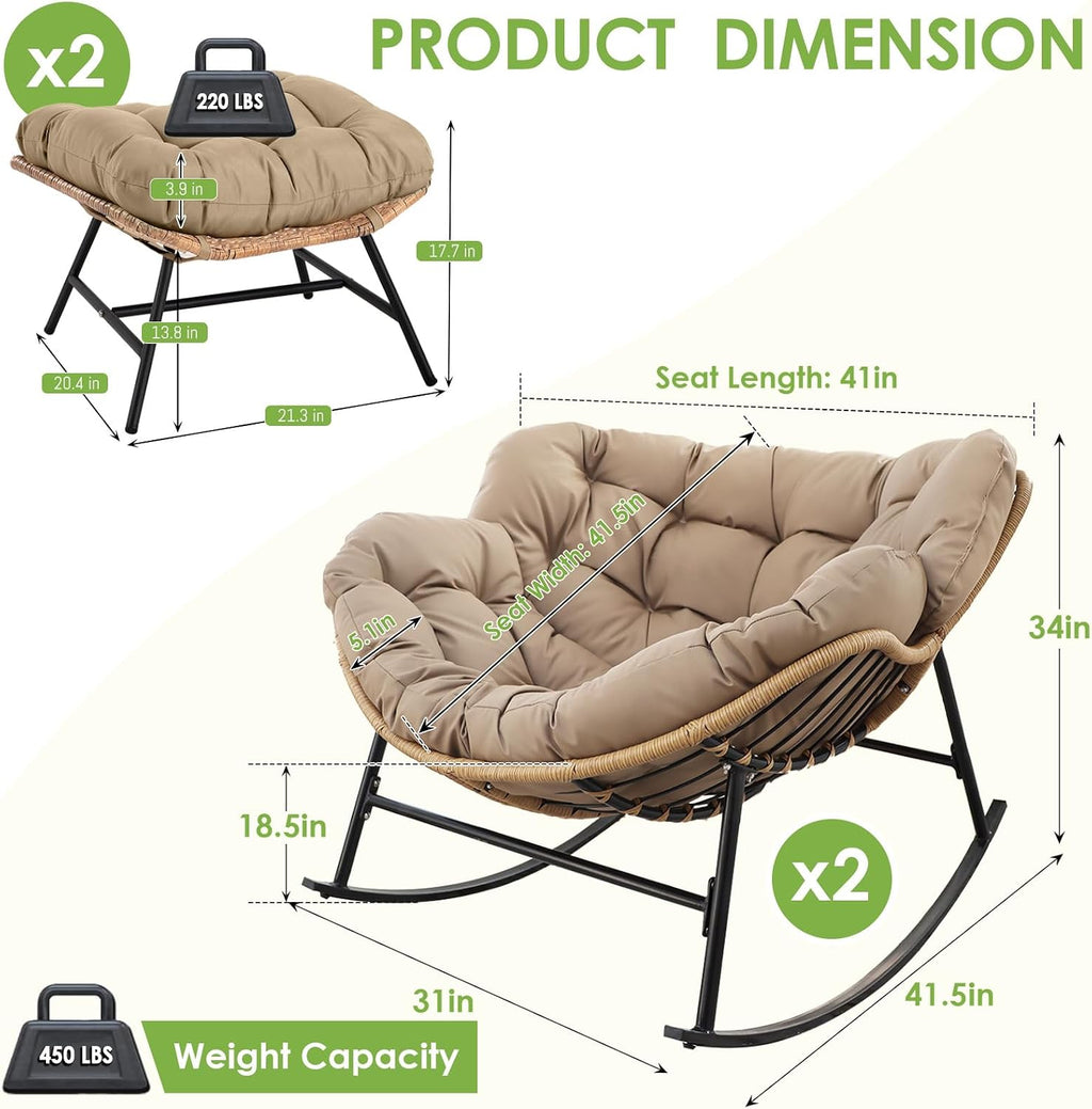 RADIATA 2 PCS Rocking Egg Chair with Ottomans & Cushion, Indoor Outdoor Oversized Lounge Chair, PE Wicker Double Papasan Rocker with Footrests, 450 lbs Weight Capacity for Patio Porch Bedroom Brown