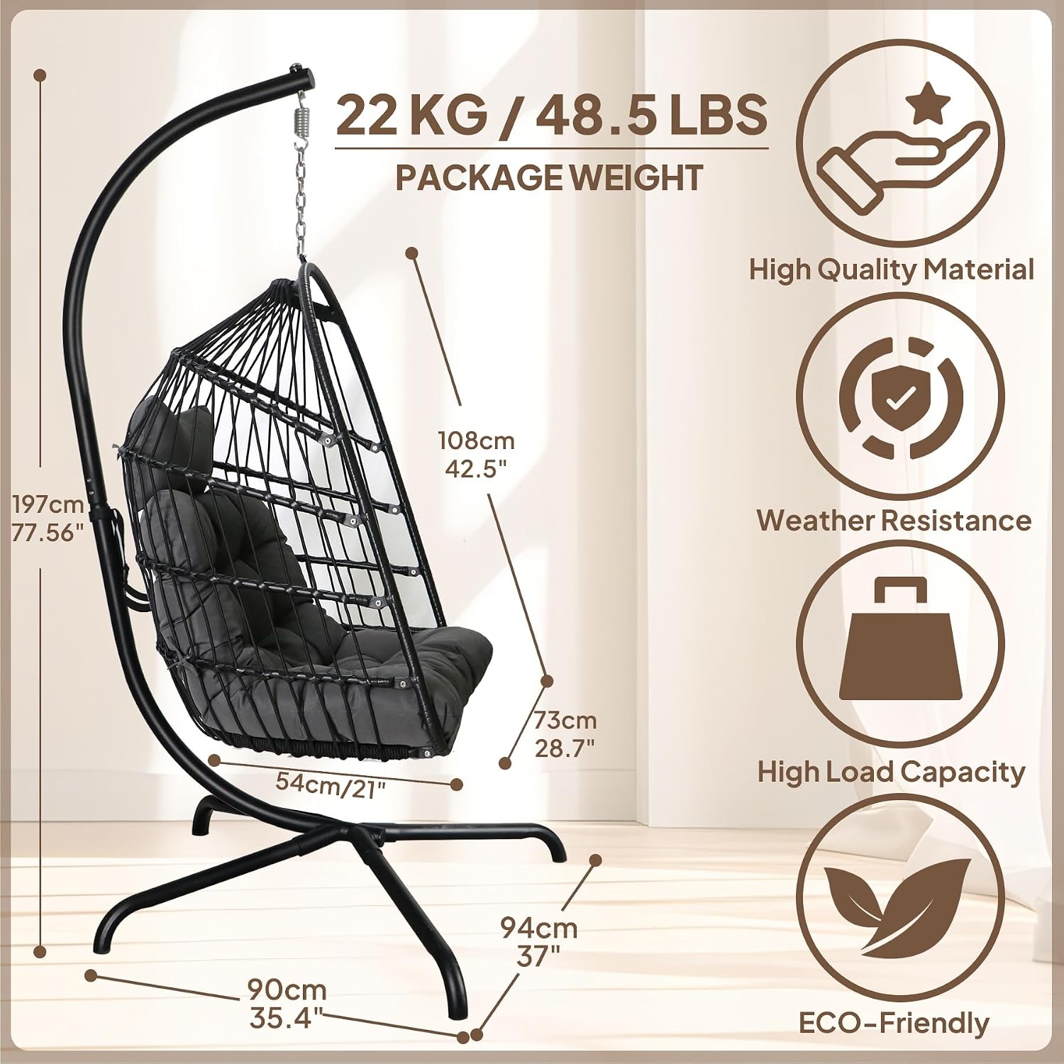 Chihee Egg Chair with Ultra Strong Stand and Cushion Foldable Wicker Rattan Hanging Chair Indoor Outdoor Patio Lounging Chair 330 lbs Capacity Balcony Porch Bedroom Garden