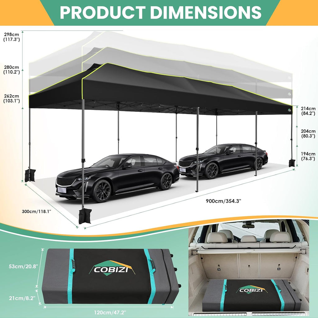 COBIZI 10x30 Pop Up Canopy Tent, Wedding Party Tent with 8 Sidewall One Push Setup Glow, 3 Adjustable Height Air Vent Waterproof UPF50+, Wheeled Bag, Sandbag, Stake, Rope for Commercial, Outdoor