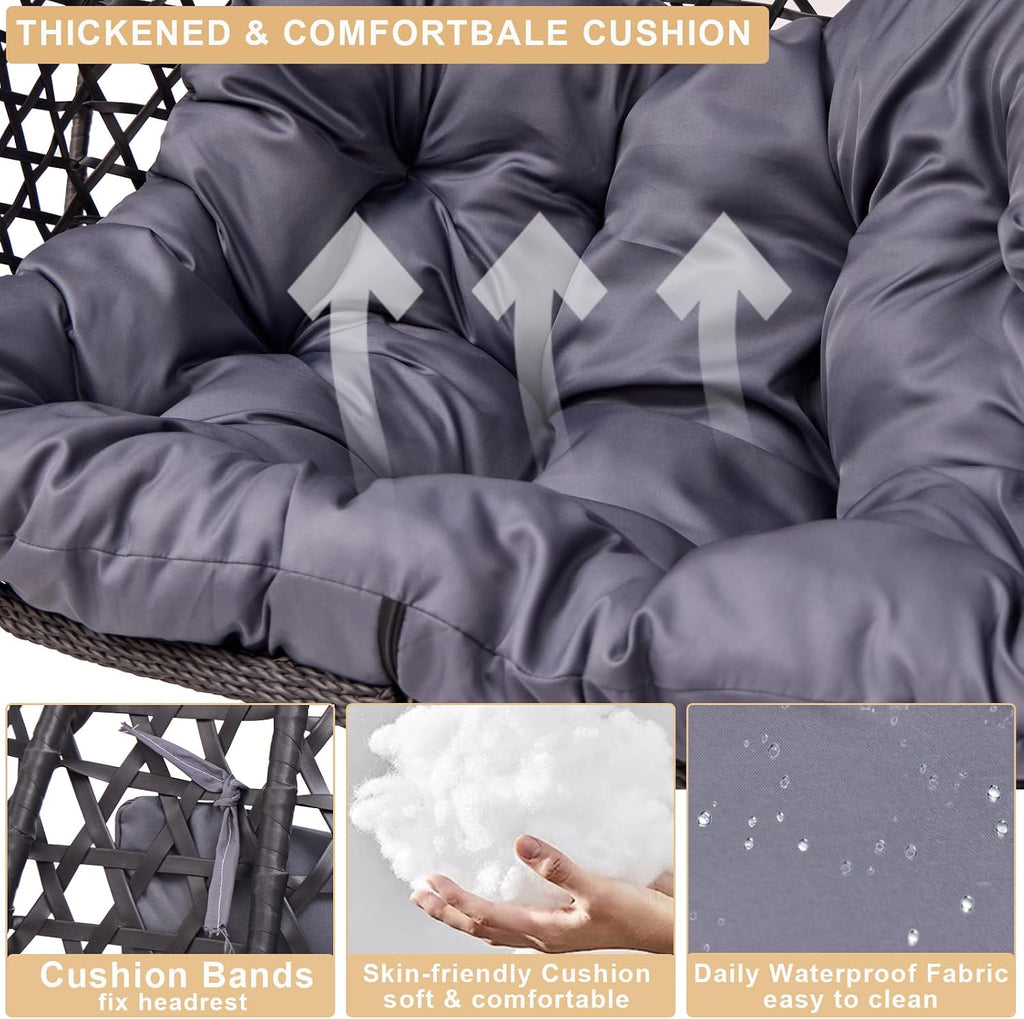 Double Hanging Swing Egg Chair with Stand, Hexagon Wicker Hammock Swing Chair for Outdoor Garden Patio, 2 Person Egg Chair with Foldable Loveseat Removable Cushions (Dark Grey)