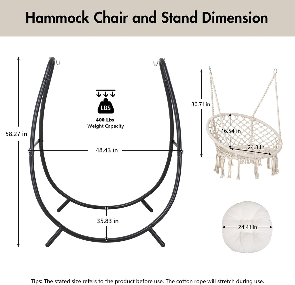 ANOW Macrame Hammock Chair with Stand for Outside, Heavy Duty Hanging Chair Stand with Swing Chair, Includes Seat Cushion, Max 400 Lbs, Natural