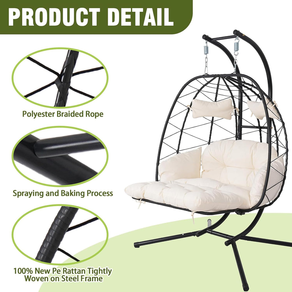 Double Outdoor Egg Chair with Stand, 2 Person Hanging Egg Chair with Adjustable Footrest Outdoor Indoor, Oversized Wicker Egg Swing Chair with Thickened Cushions, 660Lbs (Black-White)