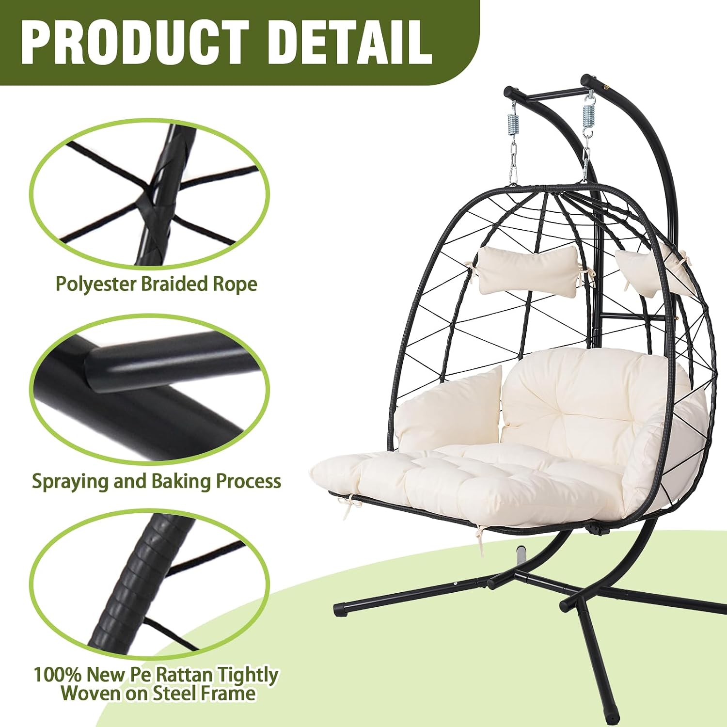 Double Outdoor Egg Chair with Stand, 2 Person Hanging Egg Chair with Adjustable Footrest Outdoor Indoor, Oversized Wicker Egg Swing Chair with Thickened Cushions, 660Lbs (Black-White)
