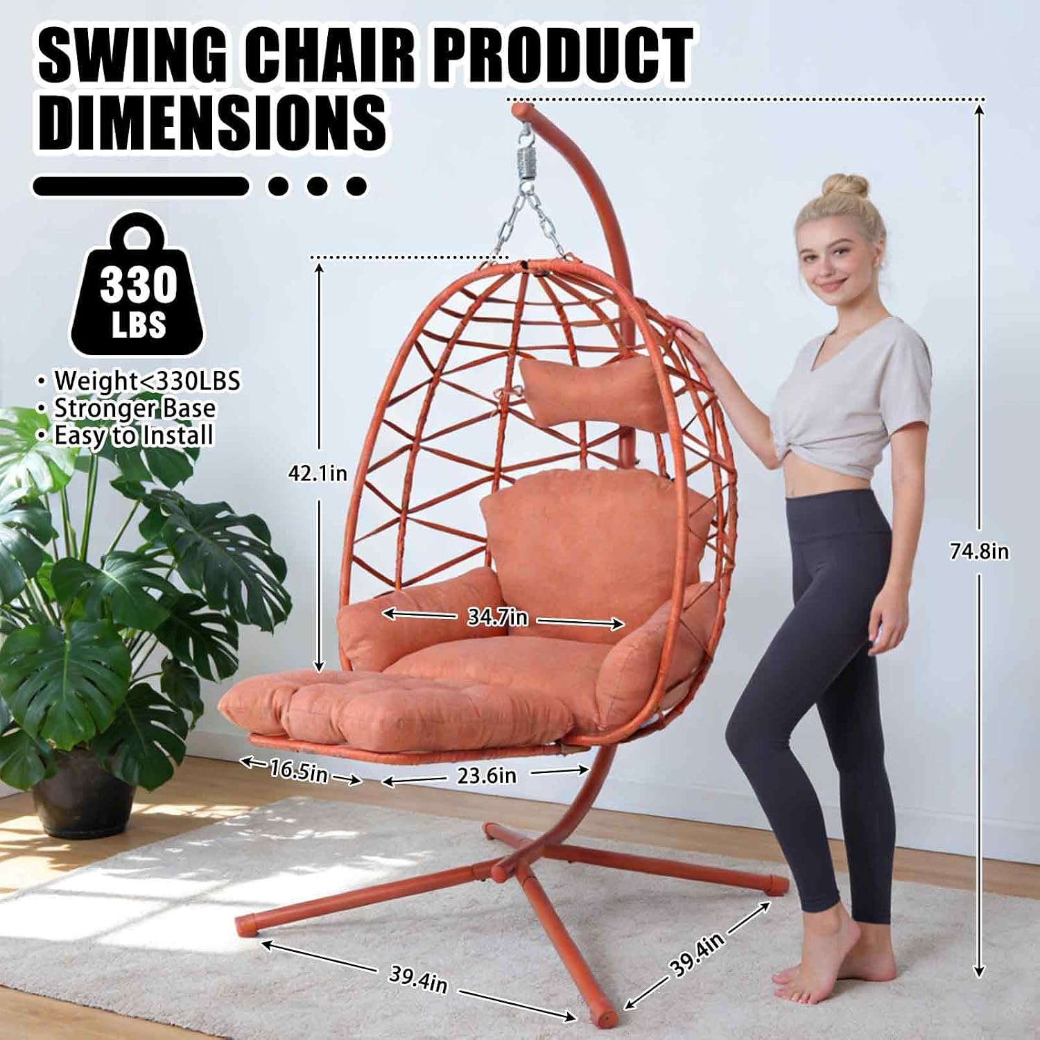 Hanging Egg Chair with Stand & Leg Rest,Rattan Wicker Swing Chair with Cushion,Patio Basket Hanging Chair Wicker Hammock Chair for Indoor Outdoor Bedroom Garden,300LBS (Orange-Red Rattan&Cushion)