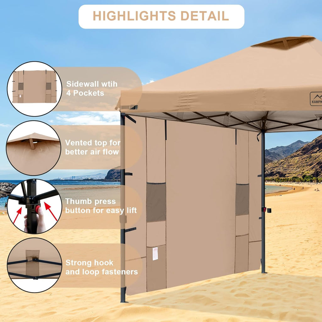 KAMPKEEPER 10x10 Easy Pop Up Canopy Tent with Sidewalls, Instant Outdoor Shade Shelter with Removable 10FT Sun Walls, Quick Setup Waterproof and UV-Resistant for Patio (Khaki, 10x10FT with 1 sidewall)