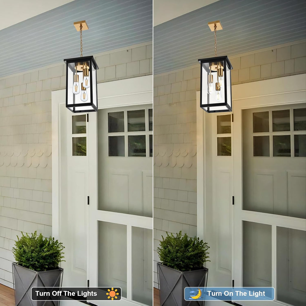 Yaohong Outdoor Pendant Lights for Porch, Modern 3-Lights Exterior Hanging Lights, Exterior Hanging Lantern with Clear Glass and Height Adjustable, Large Outdoor Ceiling Lights for Patio Front Foyer