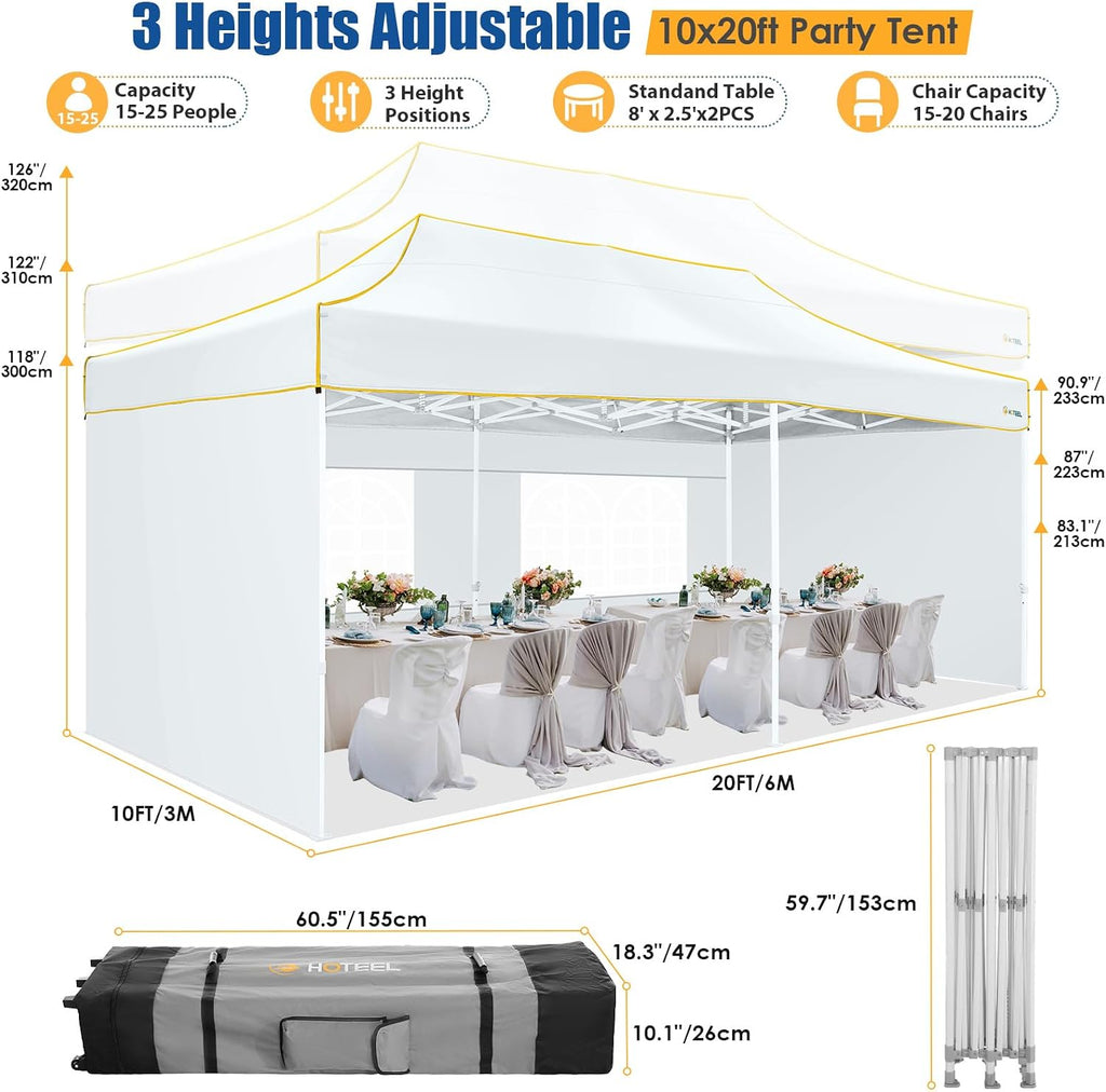 HOTEEL 10x20 Heavy Duty Pop Up Canopy Tent with 4 Sidewalls, Easy Setup Tent for Parties, Outdoor Commercial Instant Gazebo for Wedding Event, with Roller Bag & Sand Bags, White(Hexagonal Frame)