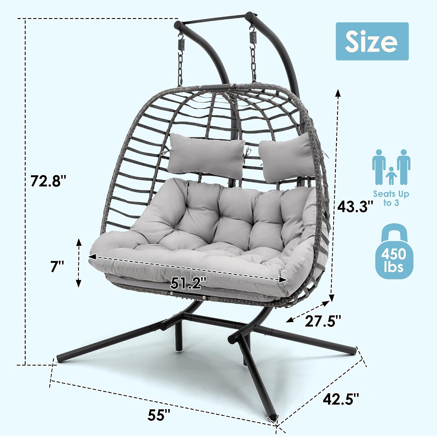 Brafab Double Swing Egg Chair with Stand, Large Hand-Woven Wicker Rattan Hanging Egg Chair for 2 People, Porch Hammock Swing Loveseat with Thick Cushion and Sturdy Steel Stand for Indoor Outdoor