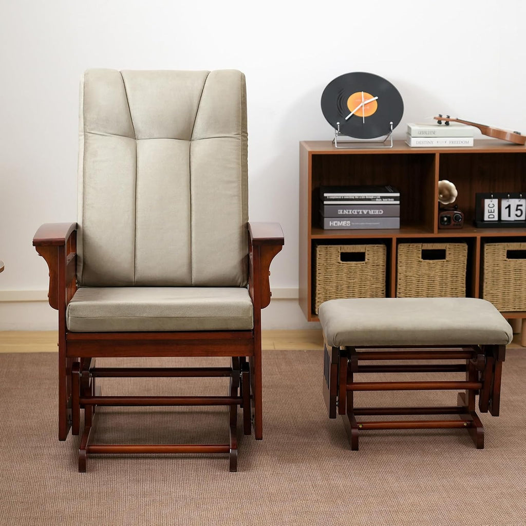 Glider Rocking Chair Nursery with Ottoman Smooth Rocking Motion, Easy to Assemble, Solid Hardwood Base Indoor Adult(Brown)