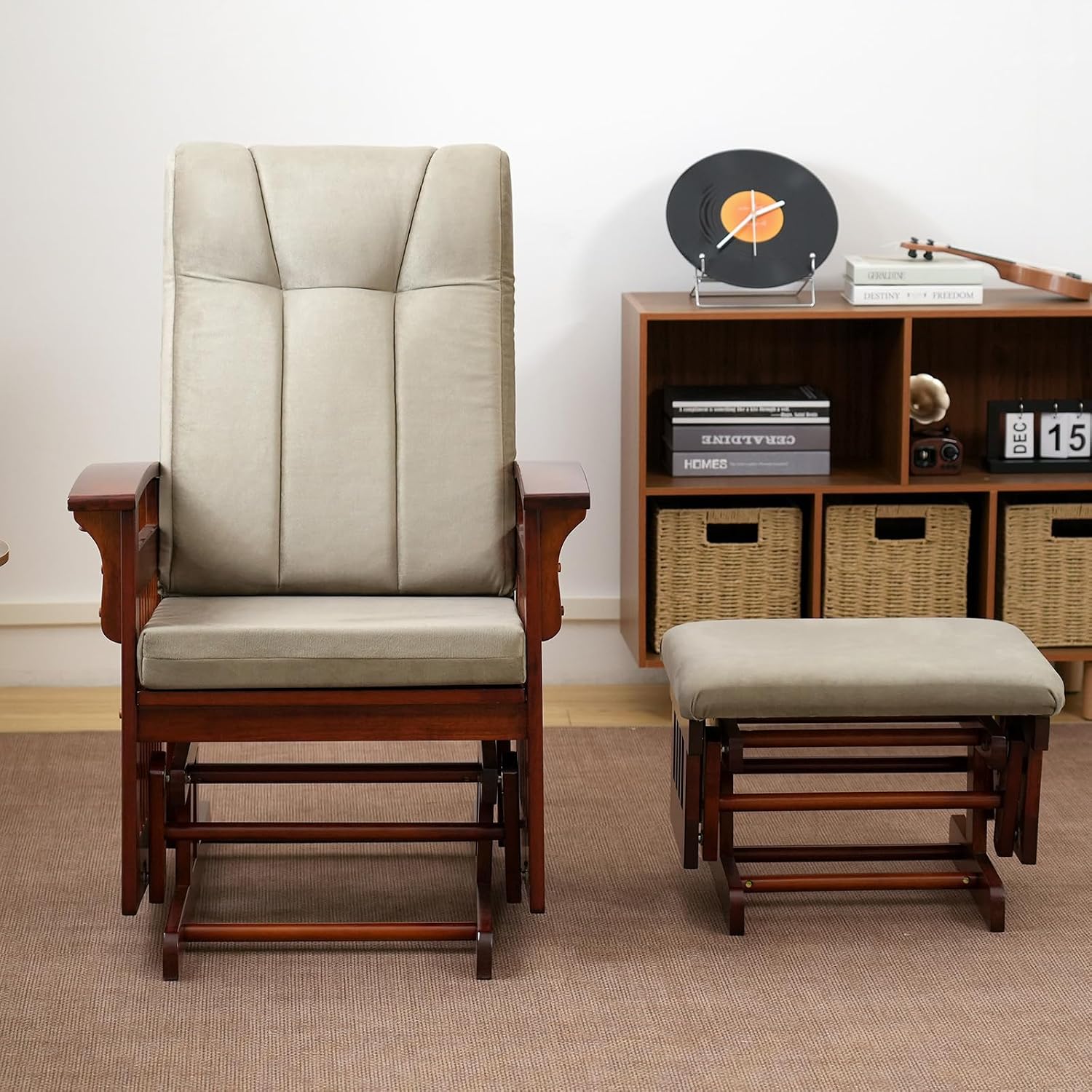Glider Rocking Chair Nursery with Ottoman Smooth Rocking Motion, Easy to Assemble, Solid Hardwood Base Indoor Adult(Brown)