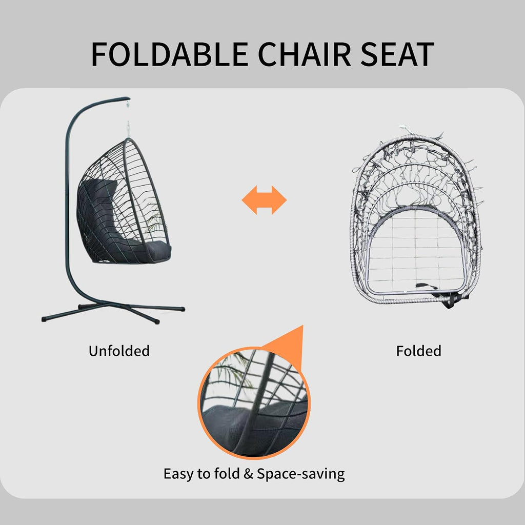 Kingdura Hanging Egg Chair with Stand Indoor Outdoor, Foldable Rattan Wicker Hammock Egg Swing Chair for Bedroom Porch Patio Garden, Thickened Cushion, 350LBS Capacity, Heavy Duty Frame
