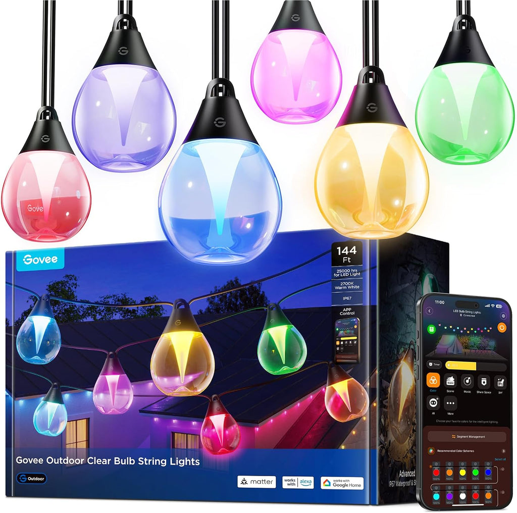 Govee Clear Bulb Outdoor String Lights 144ft, RGBWIC Smart Outdoor Lights with 45 Dimmable LED Bulbs, 111 Scene Modes, IP67 Waterproof & Shatterproof, Works with Alexa, Google & Matter for Patio