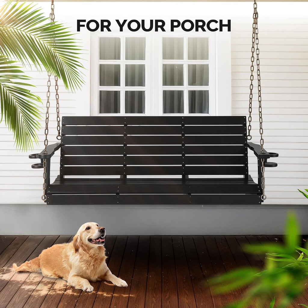 VINGLI Heavy Duty 1600 LBS HDPE Porch Swing Outdoor with Rotatable Cup Holder, 5 FT Patio Bench Swing with Adjustable Chains, 3 Person Hanging Porch Swing Chair for Porch, Yard, Tree, Garden - Black