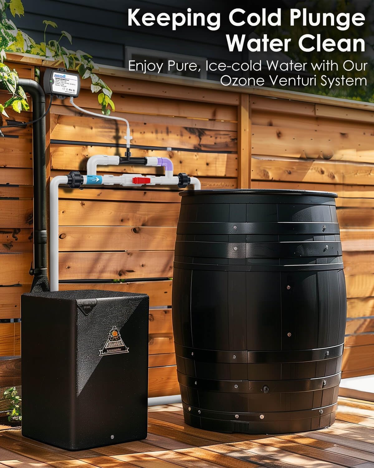 Venturi Ozone System and Ambohr Spa 124 Ozone Generator Water Treatment Kit for Cold Plunge, Hot Tub, Swimming Pool, 3/4' PVC Connection, Easy Monitoring, Plug and Play, Universal Compatibility