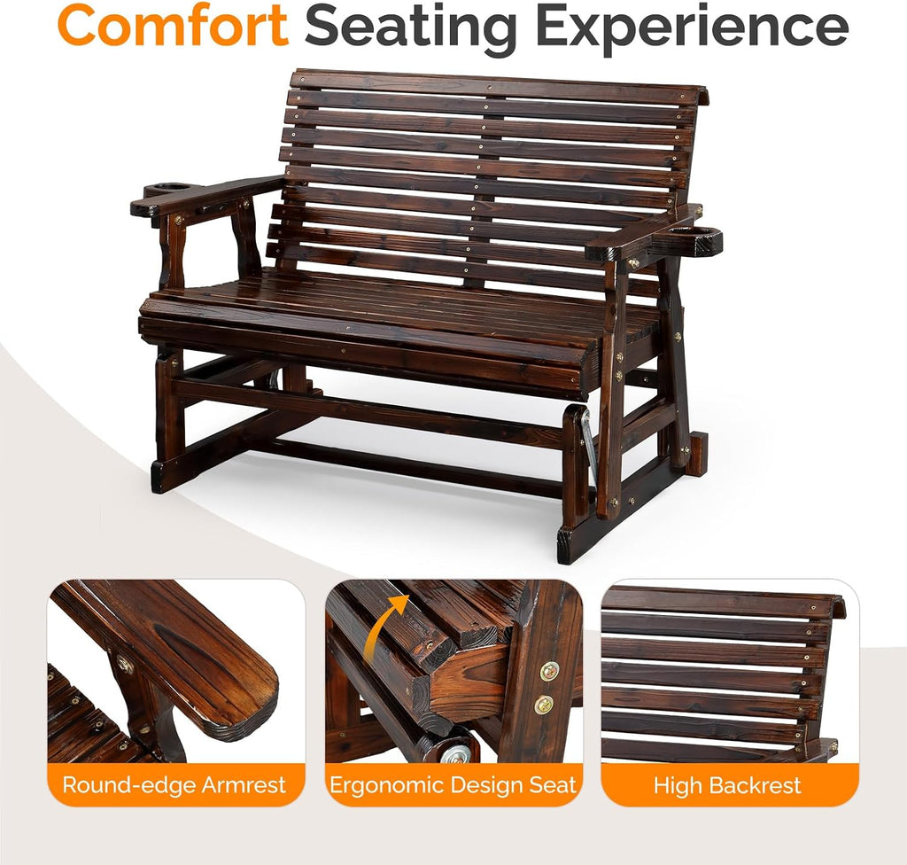 VINGLI Outdoor Glider Wood Patio Chair with Cup Holders, Outdoor Bench Glider Loveseat with Smooth Rocking Mechanism, Heavy Duty 800 LBS, Rustic