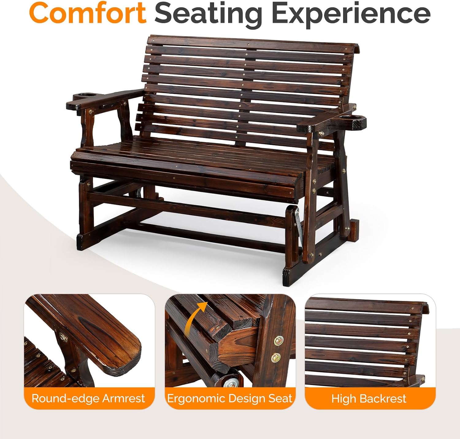 VINGLI Outdoor Glider Wood Patio Chair with Cup Holders, Outdoor Bench Glider Loveseat with Smooth Rocking Mechanism, Heavy Duty 800 LBS, Rustic