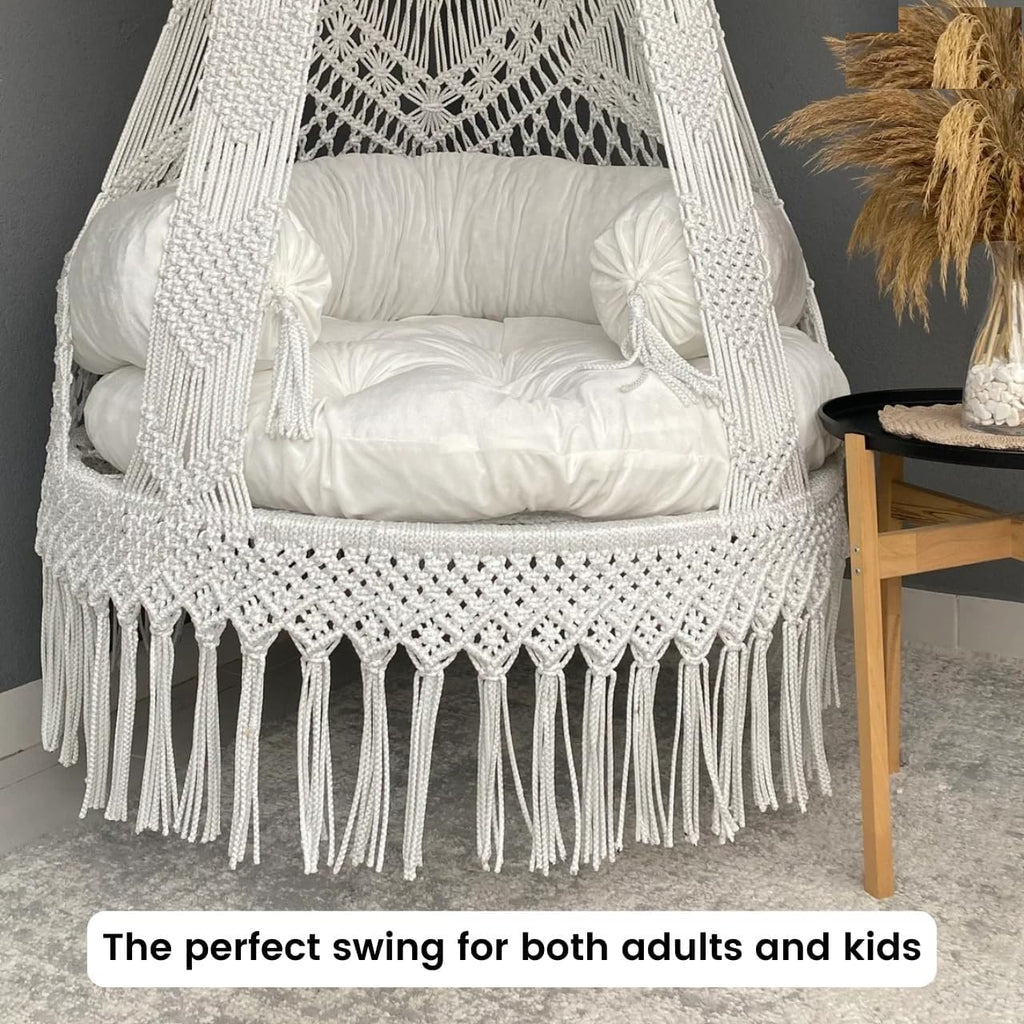 Premium Cotton Macrame Swing Hammock Chair for Adults & Kids – Indoor & Outdoor Hanging Jhula for Patio, Balcony, Deck, Living Room – Boho Style, Large Size, 353Lbs Capacity