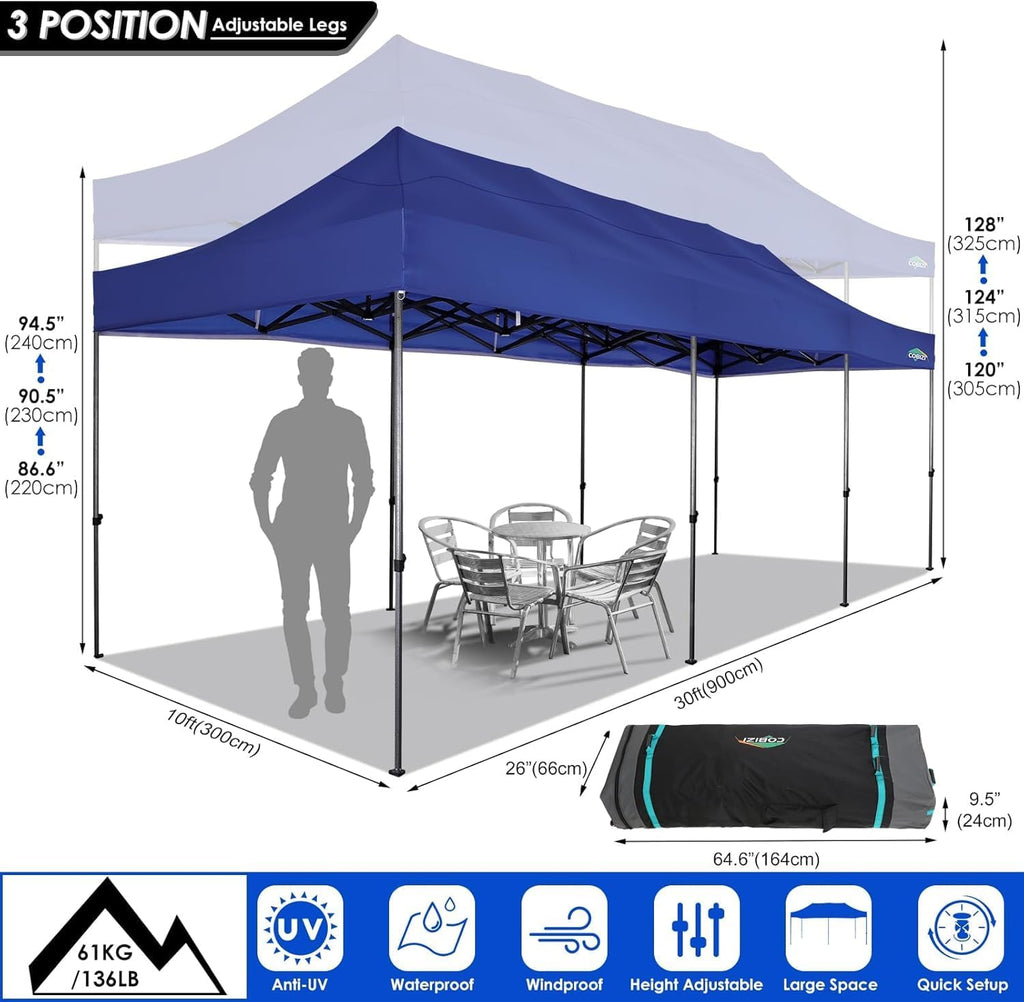 COBIZI 10x30 Pop up Canopy with 8 Removeable Sidewalls, Heavy Duty Party Tents for Parties, Events and Weddings, UPF 50+ Waterproof Commercial Tent with Roller Bag, Dark Blue (Windproof Upgraded)